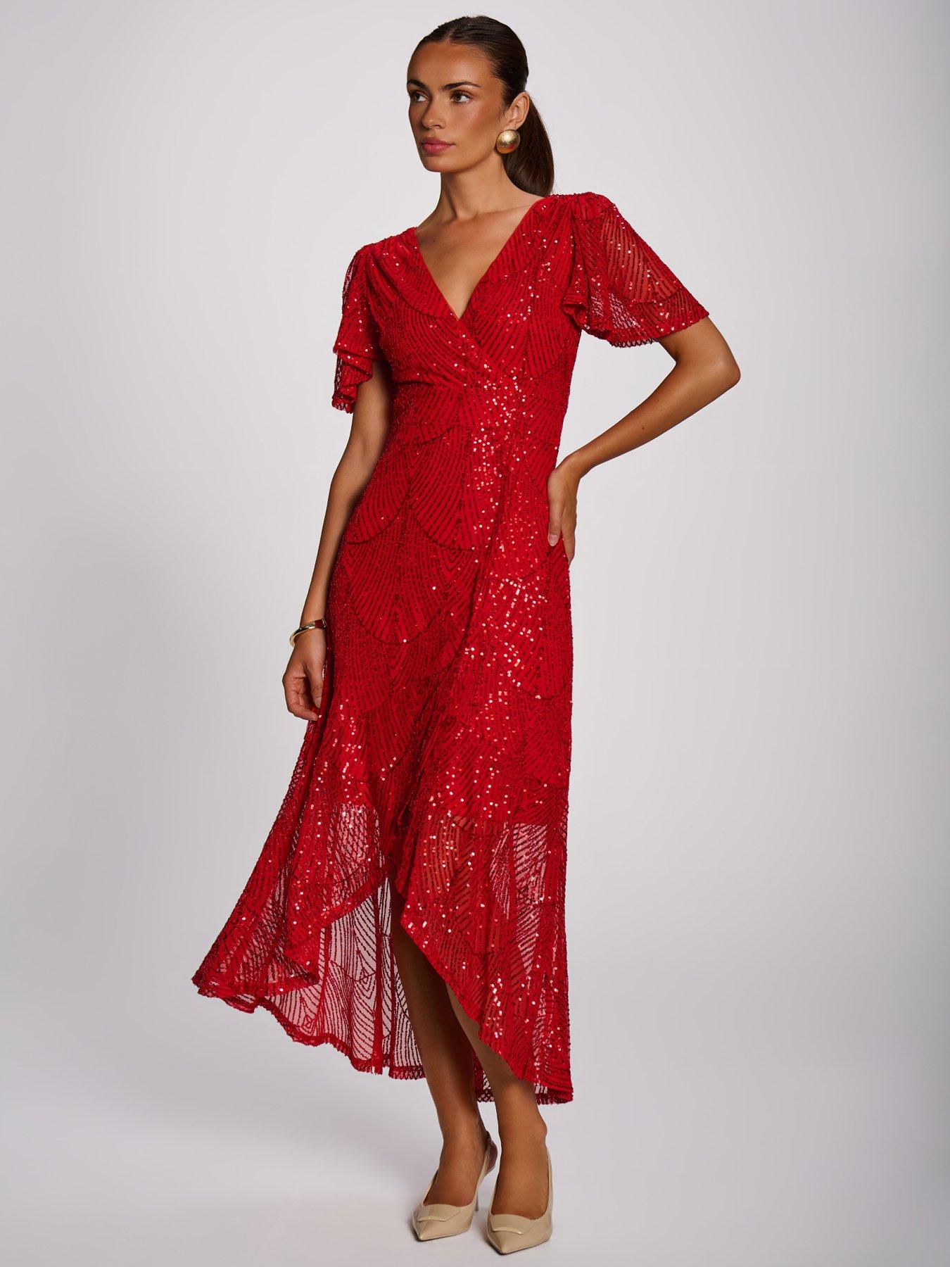 Image 6 of 7 of Jolie Moi Womens Sequin Angel Sleeve Flare Hem Maxi Dress - Red
