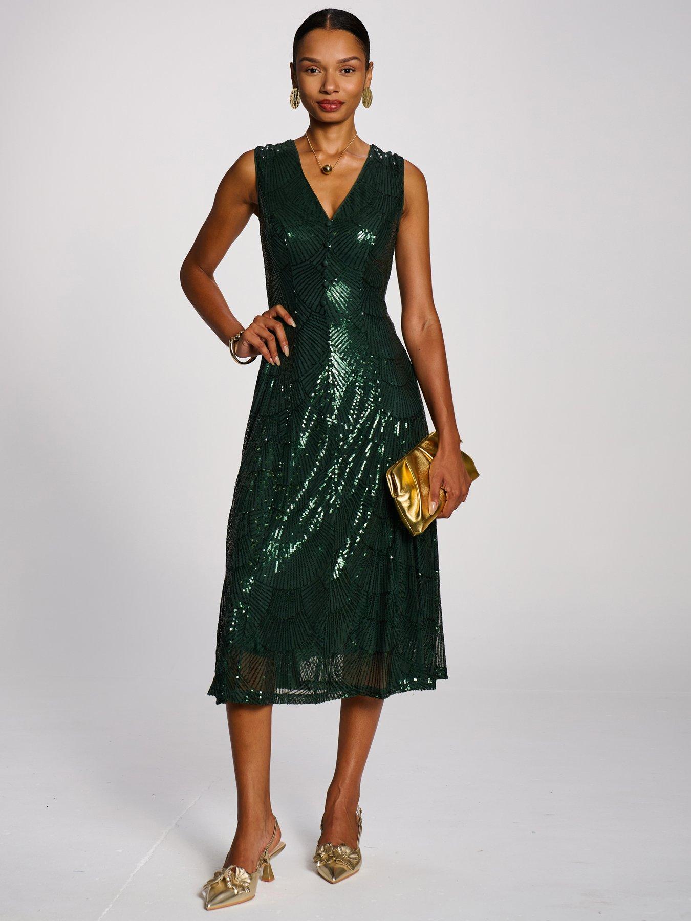 Image 1 of 7 of Jolie Moi Womens All-Over Sequin V-Neck Midi Dress - Green