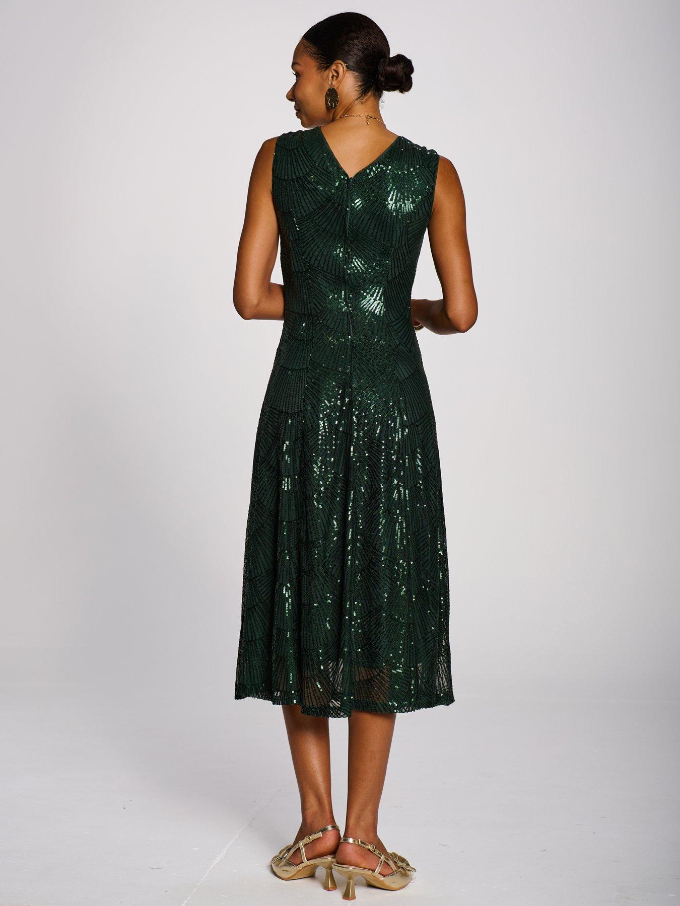Image 2 of 7 of Jolie Moi Womens All-Over Sequin V-Neck Midi Dress - Green