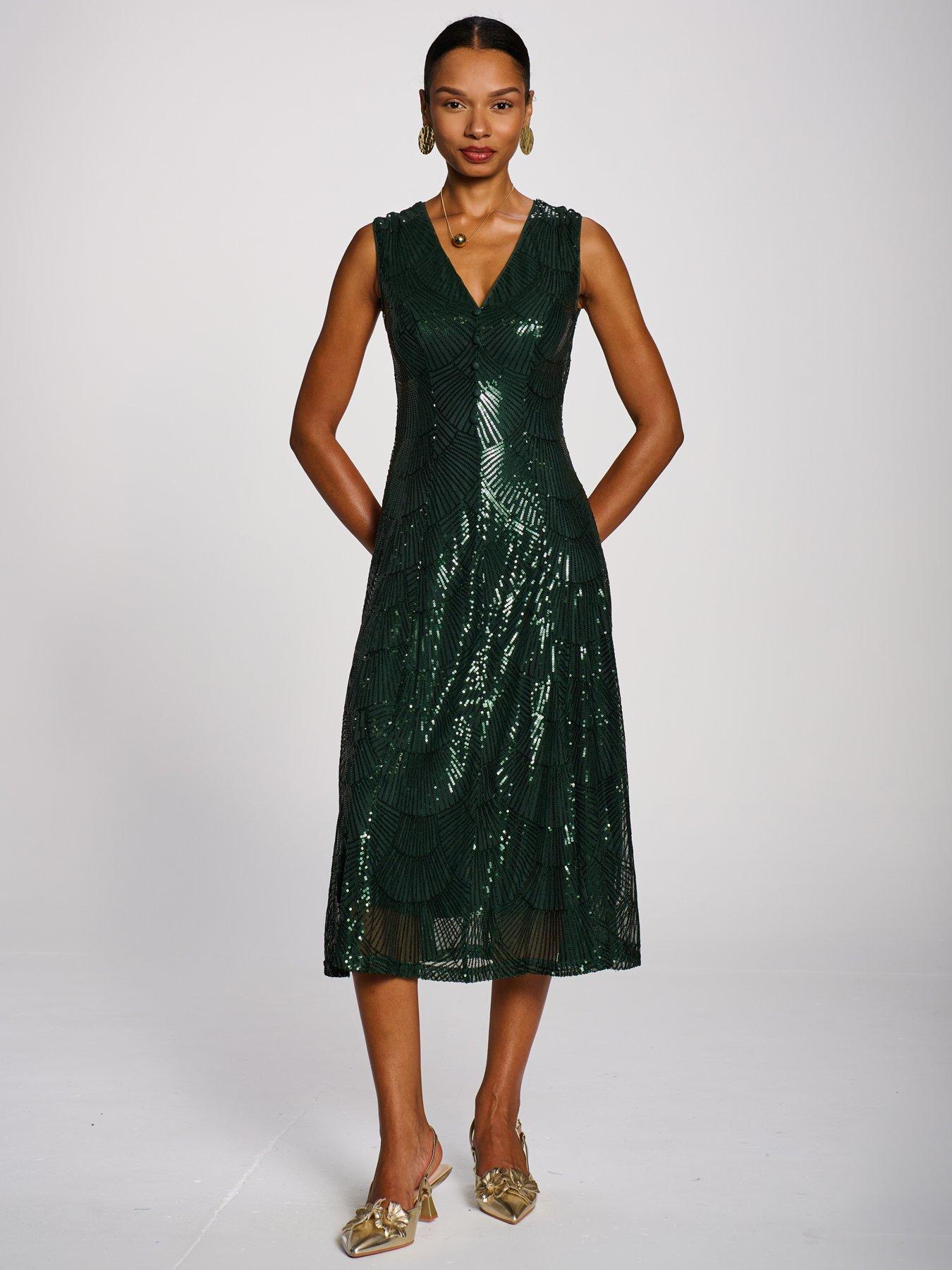 Image 3 of 7 of Jolie Moi Womens All-Over Sequin V-Neck Midi Dress - Green