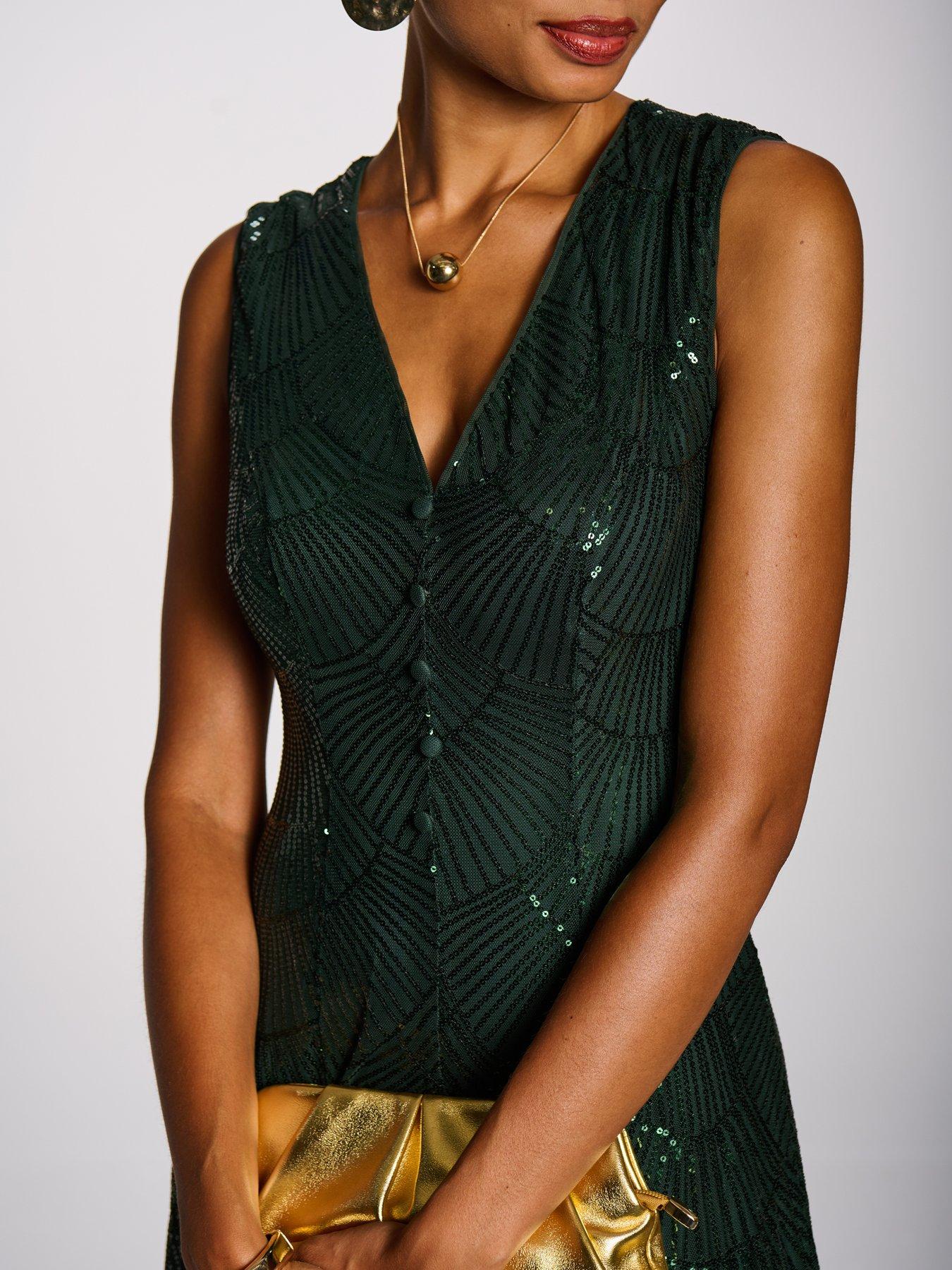 Image 4 of 7 of Jolie Moi Womens All-Over Sequin V-Neck Midi Dress - Green