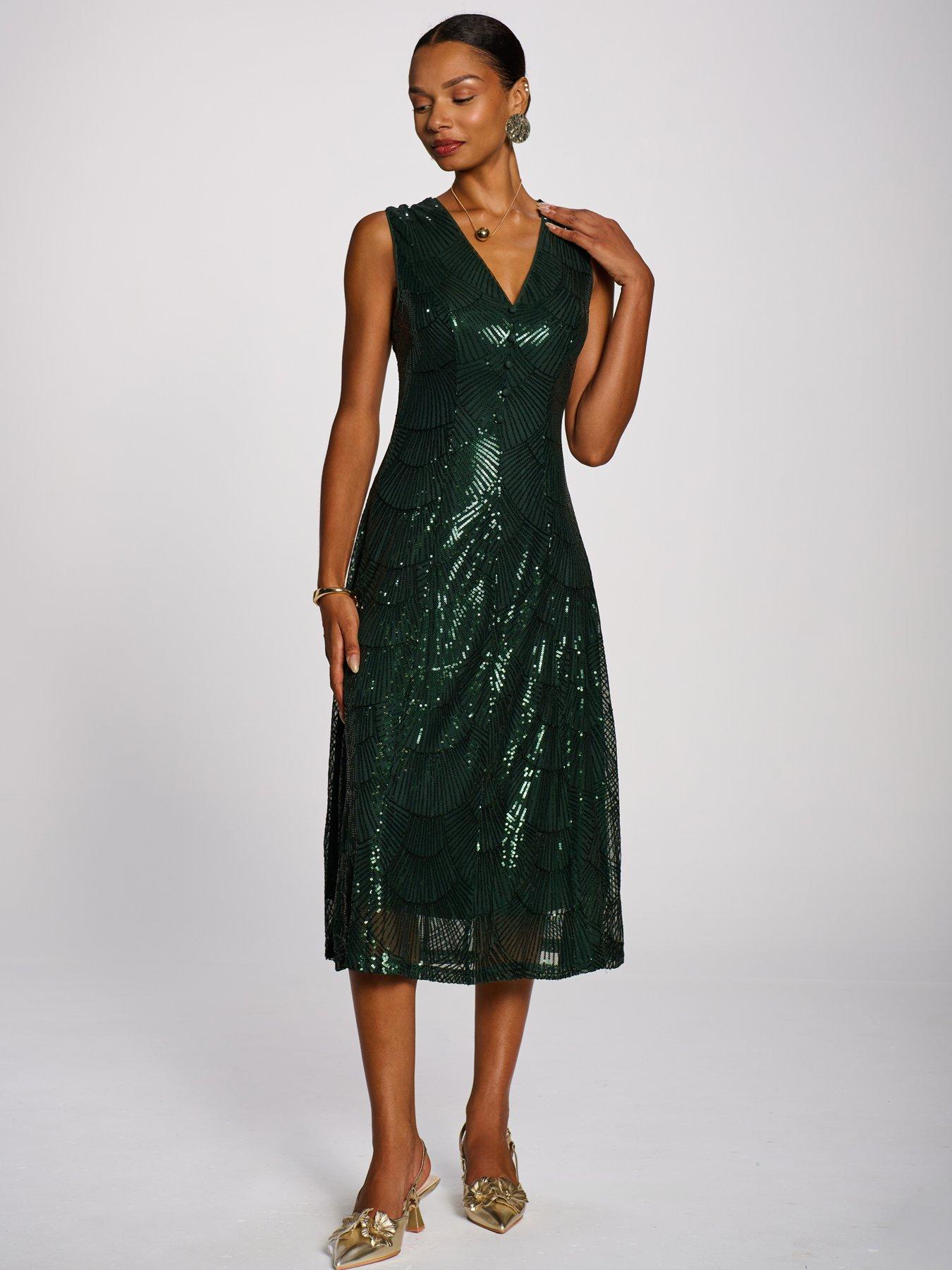 Image 5 of 7 of Jolie Moi Womens All-Over Sequin V-Neck Midi Dress - Green