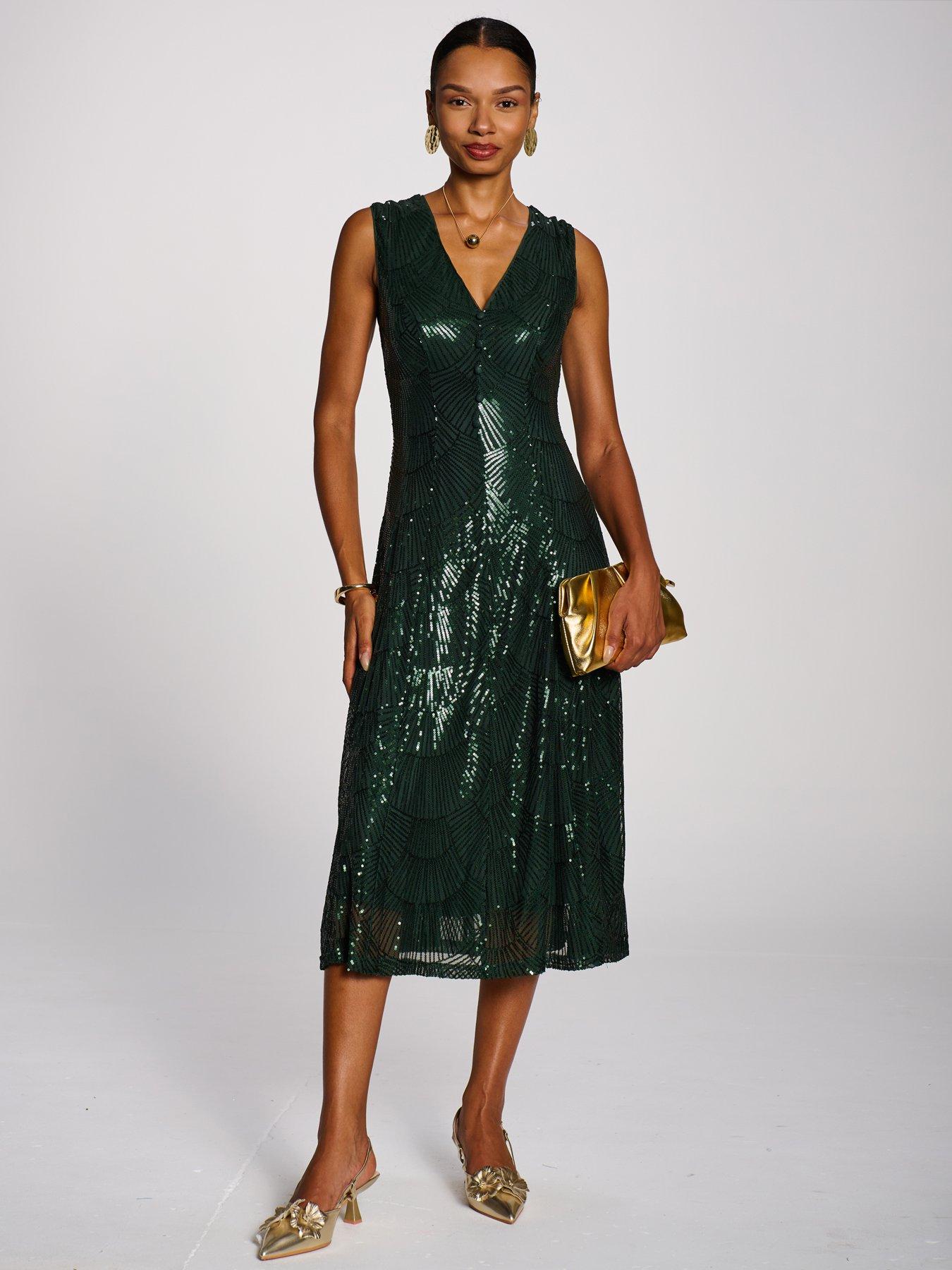 Image 6 of 7 of Jolie Moi Womens All-Over Sequin V-Neck Midi Dress - Green