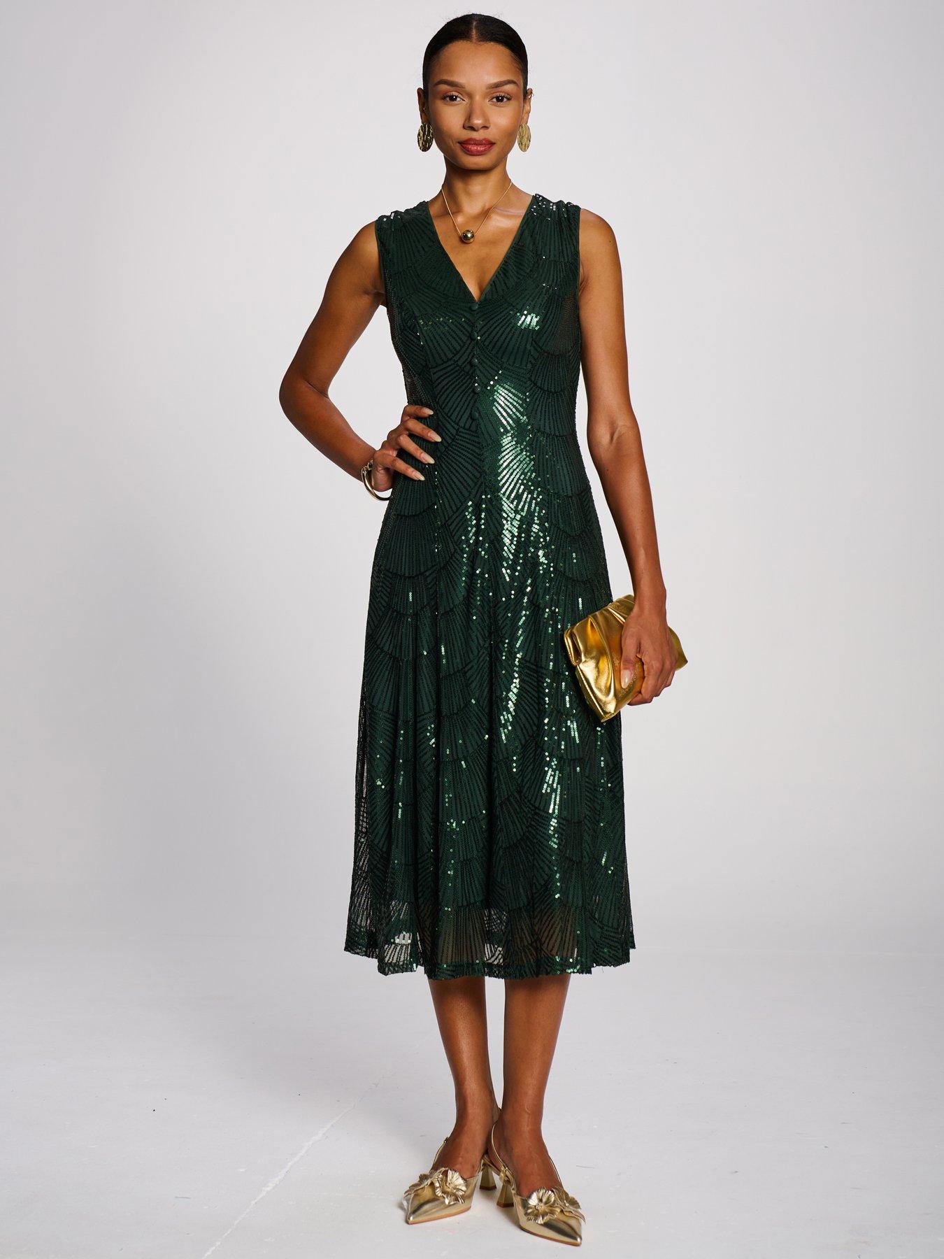 Image 7 of 7 of Jolie Moi Womens All-Over Sequin V-Neck Midi Dress - Green