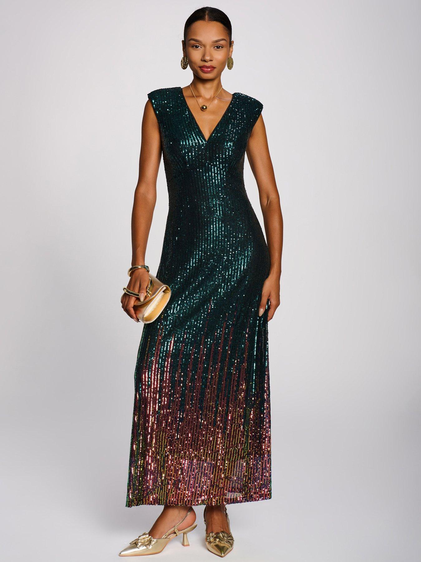 Image 1 of 7 of Jolie Moi Womens Mermaid Sequin V-Neck Maxi Dress - Green