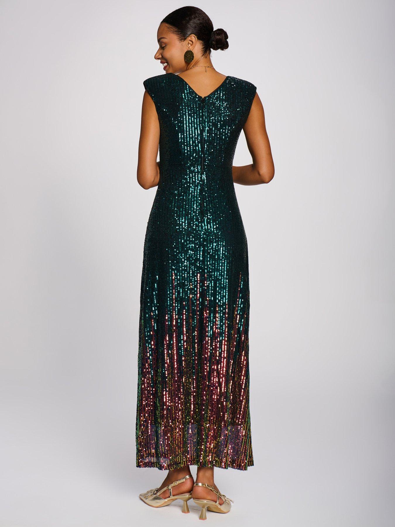 Image 2 of 7 of Jolie Moi Womens Mermaid Sequin V-Neck Maxi Dress - Green
