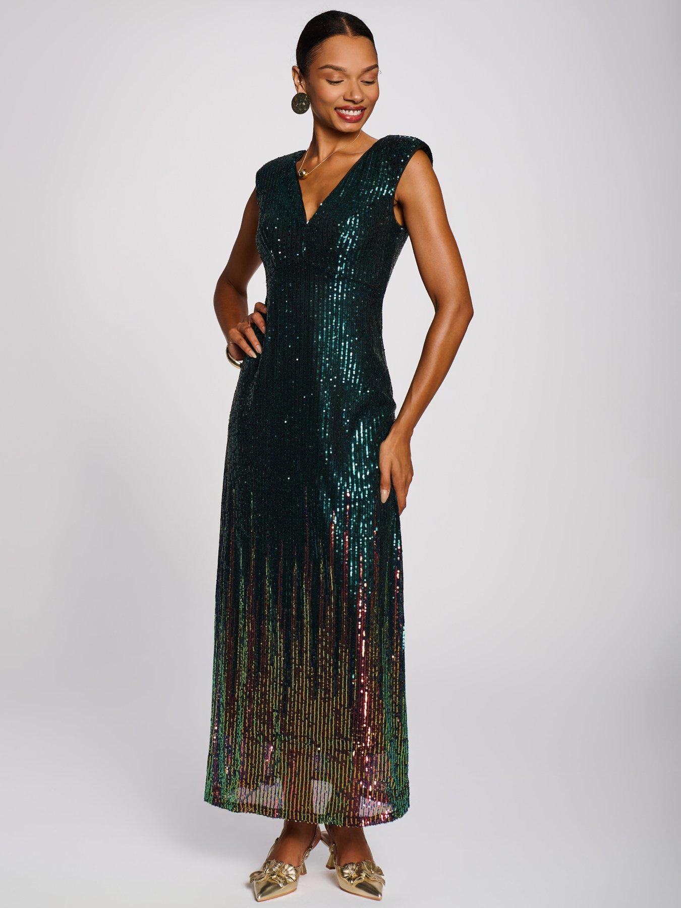 Image 3 of 7 of Jolie Moi Womens Mermaid Sequin V-Neck Maxi Dress - Green