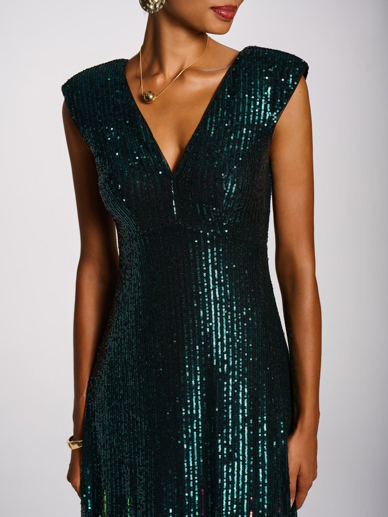 Image 4 of 7 of Jolie Moi Womens Mermaid Sequin V-Neck Maxi Dress - Green