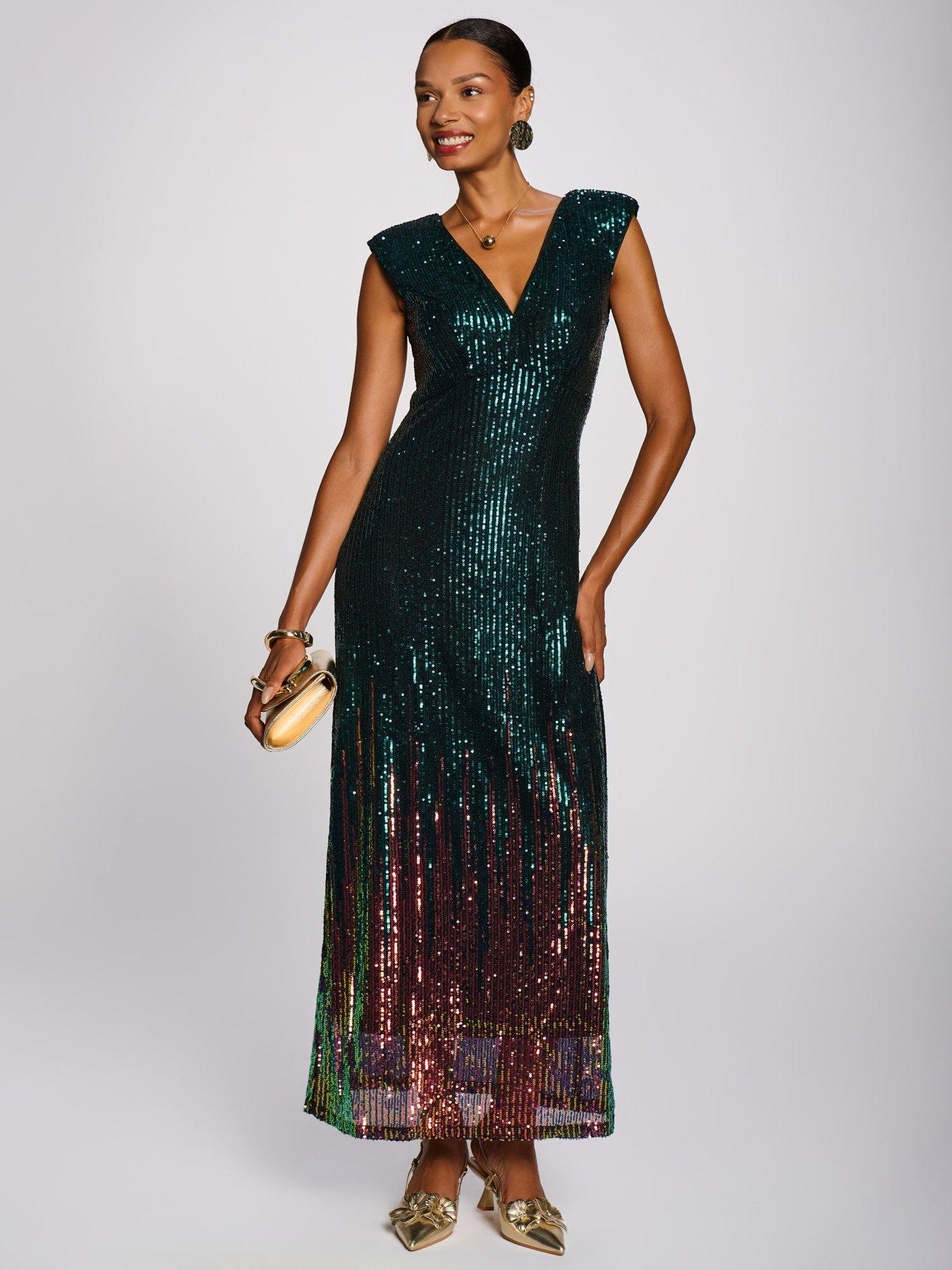 Image 5 of 7 of Jolie Moi Womens Mermaid Sequin V-Neck Maxi Dress - Green