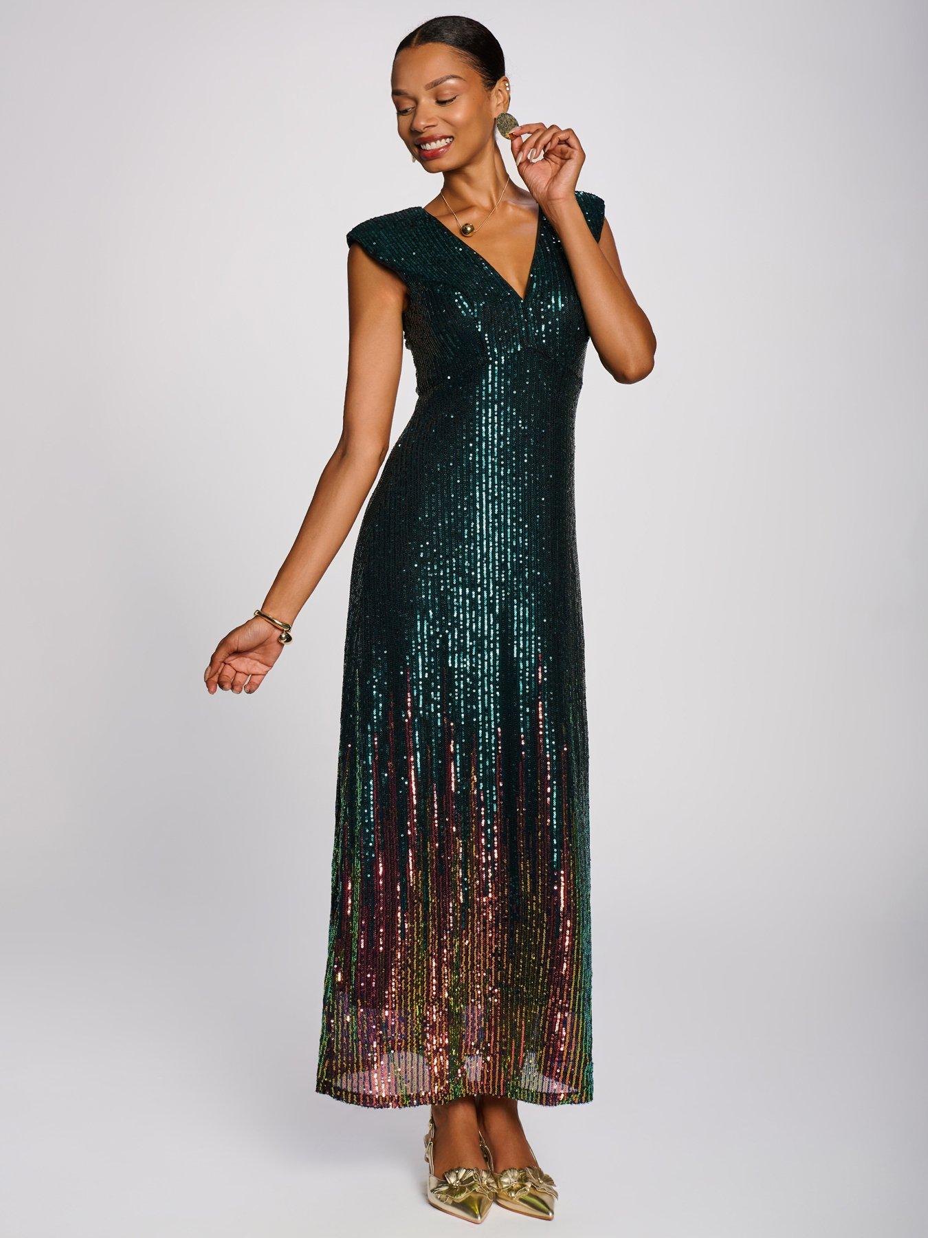 Image 6 of 7 of Jolie Moi Womens Mermaid Sequin V-Neck Maxi Dress - Green