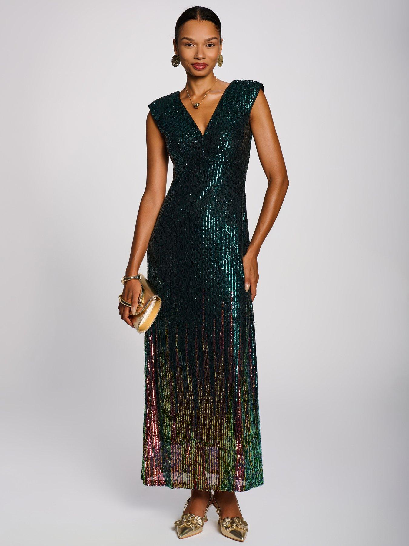Image 7 of 7 of Jolie Moi Womens Mermaid Sequin V-Neck Maxi Dress - Green