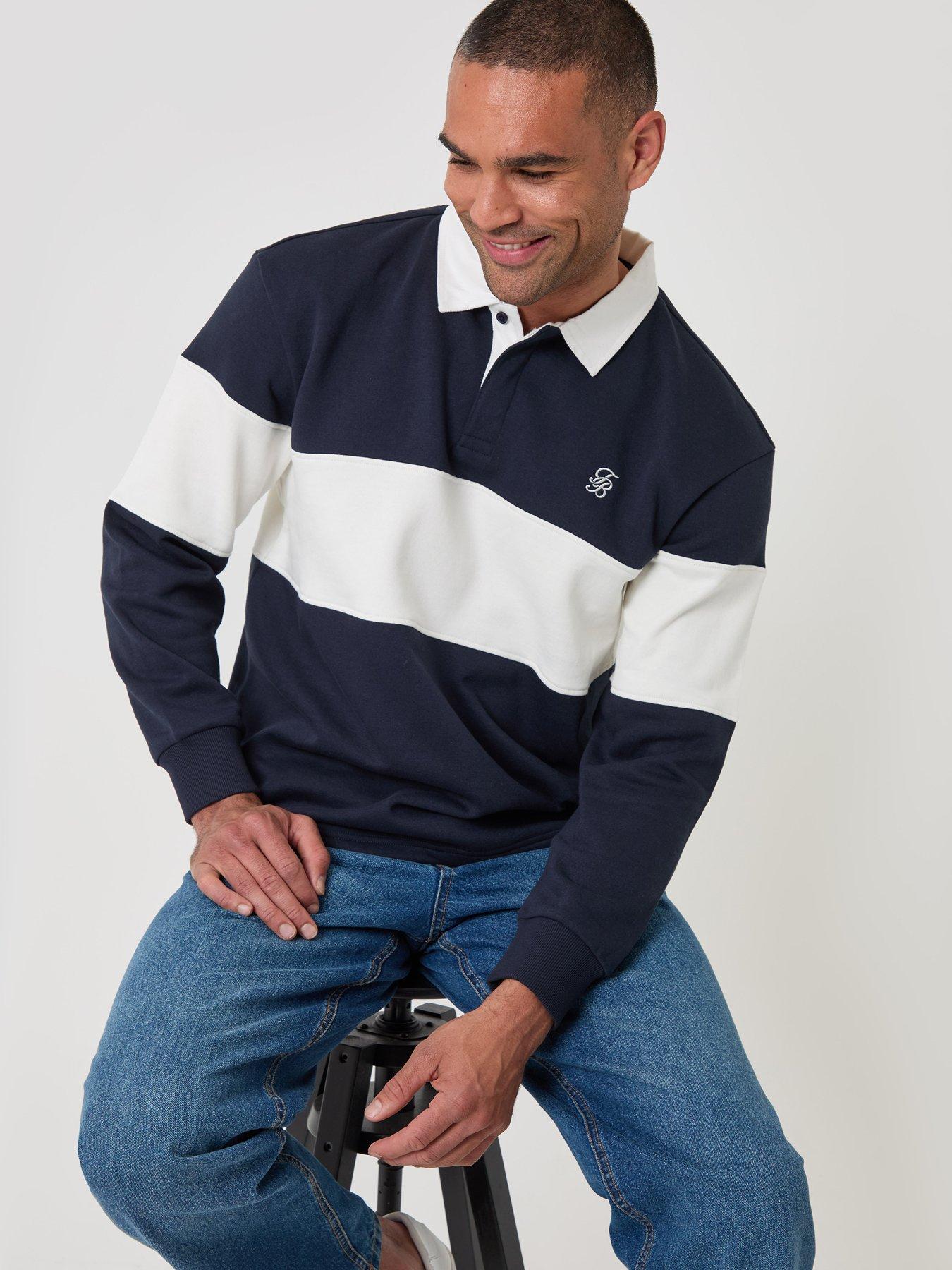 Image 1 of 5 of Threadbare Mens Fleece L/Slv Rugby Elterwater-Navy/Ecru Stripe (Relaxed Fit)