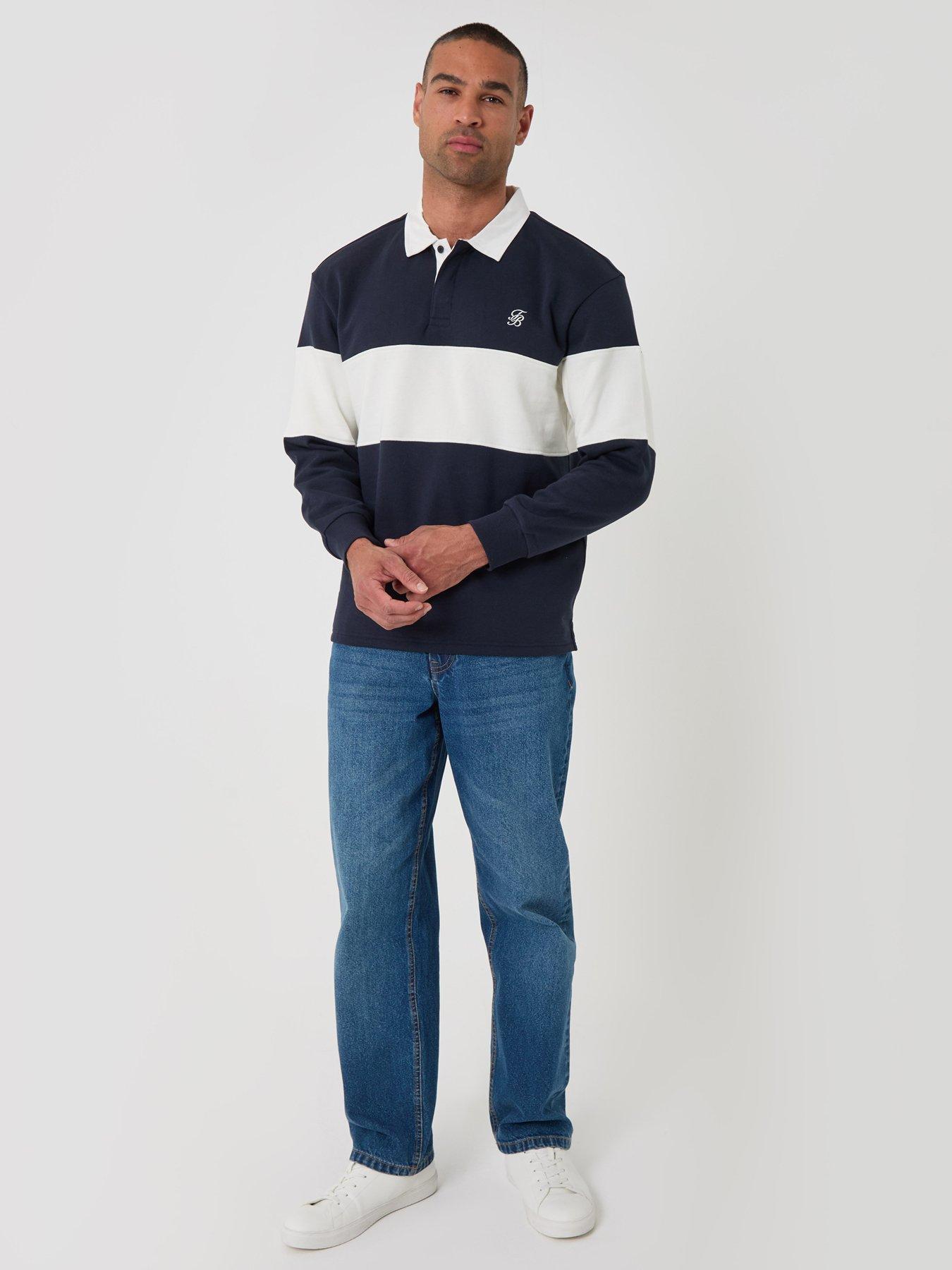 Image 3 of 5 of Threadbare Mens Fleece L/Slv Rugby Elterwater-Navy/Ecru Stripe (Relaxed Fit)