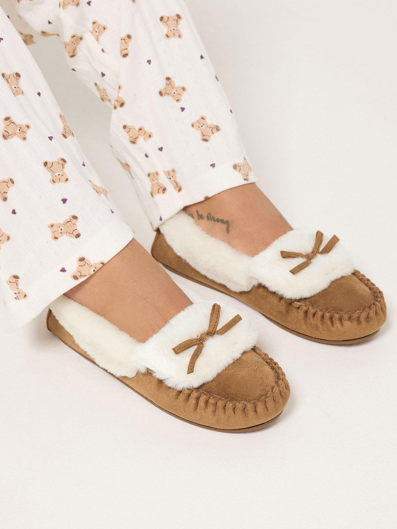 Image 1 of 4 of Yours Womens Bow Detail Faux Fur Trim Slippers - Brown