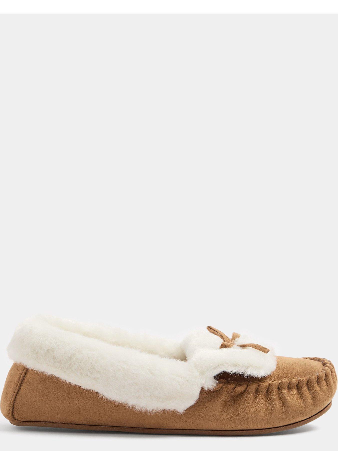 Image 4 of 4 of Yours Womens Bow Detail Faux Fur Trim Slippers - Brown