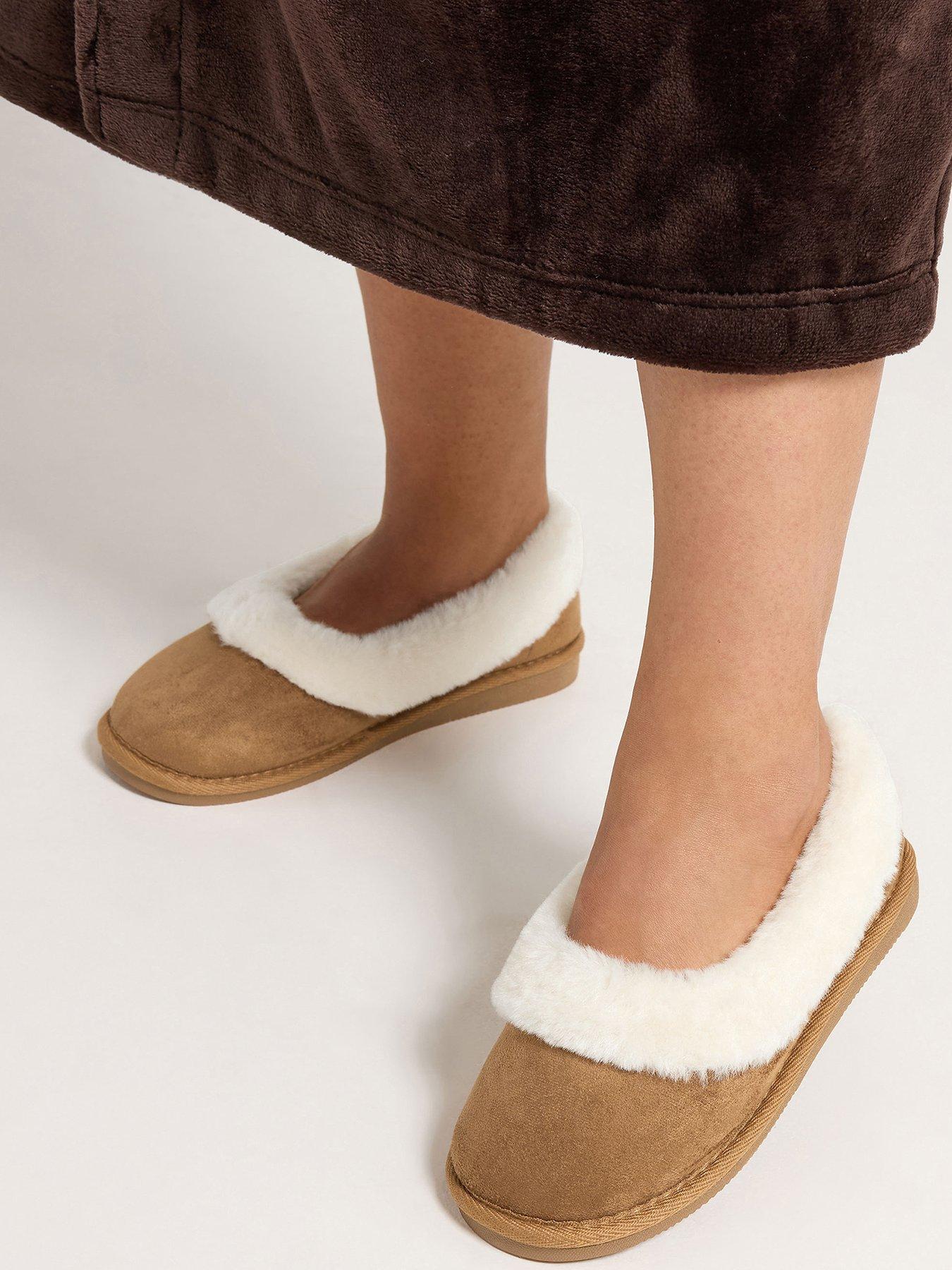 Image 1 of 4 of Yours Womens Faux Suede Plush Trim Ballet Slippers - Brown