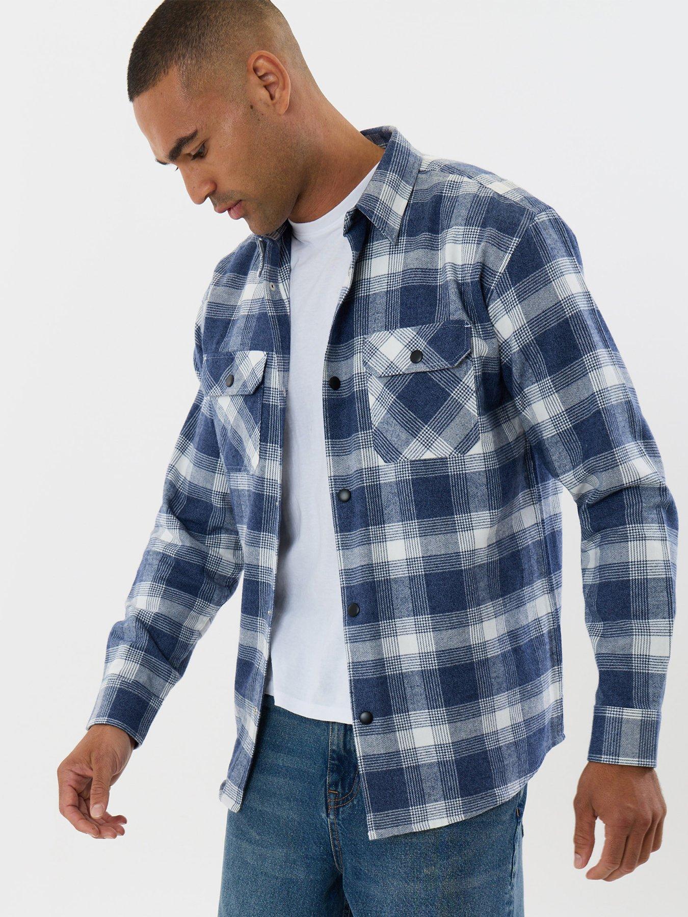 Image 1 of 5 of Threadbare Mens Brushed Check Popper Front Long Sleeve Shirt - Blue