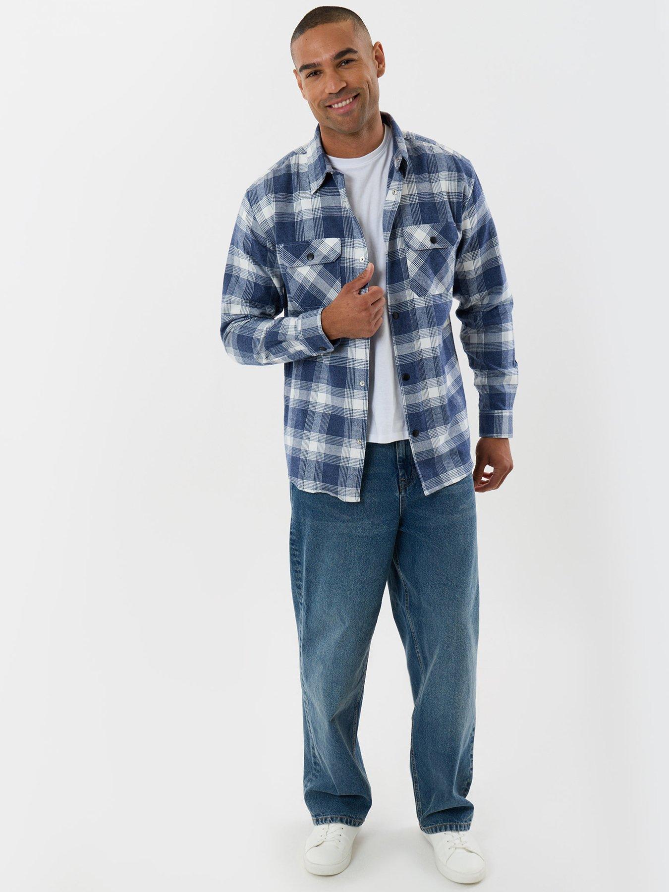 Image 3 of 5 of Threadbare Mens Brushed Check Popper Front Long Sleeve Shirt - Blue