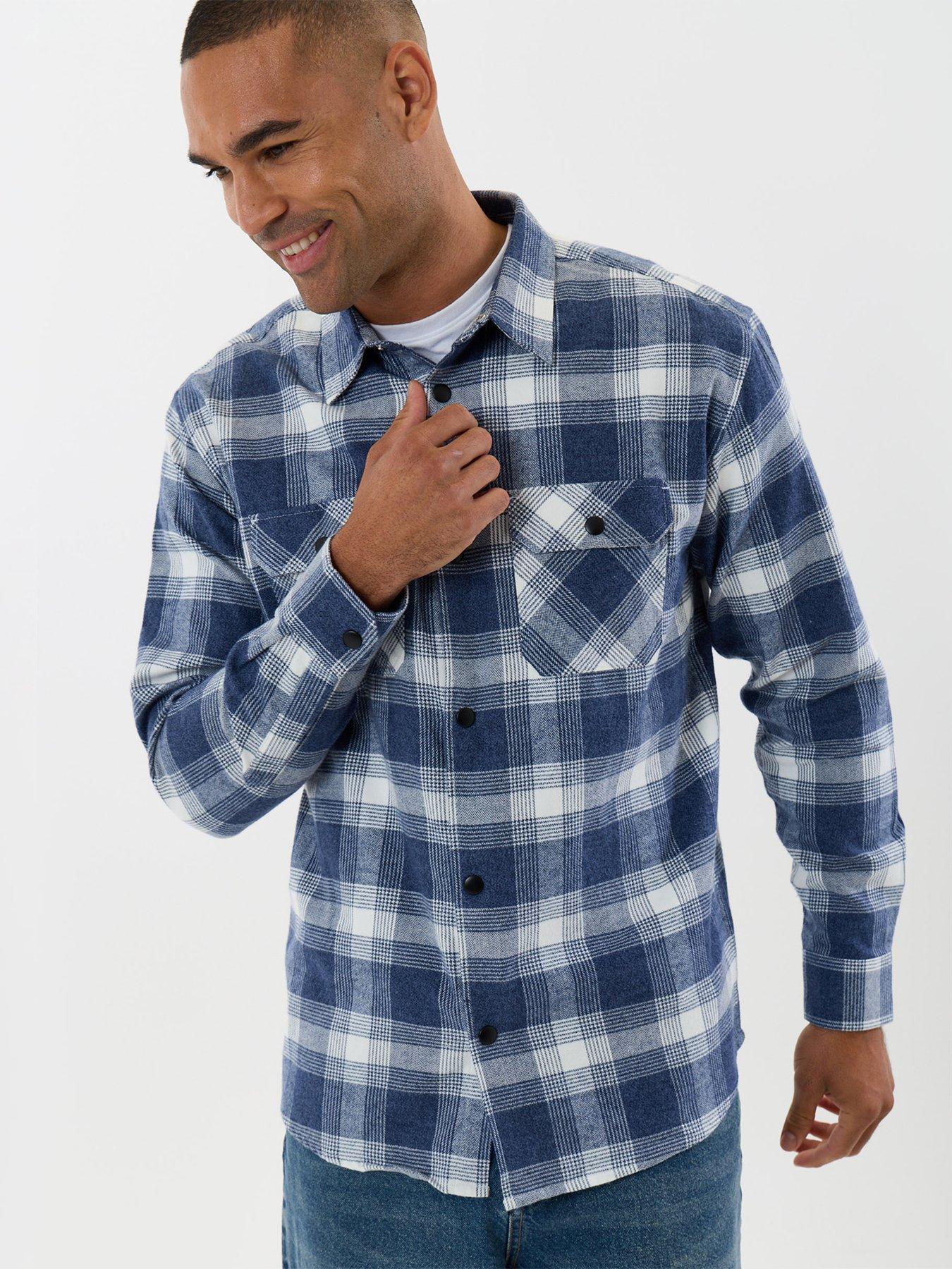 Image 5 of 5 of Threadbare Mens Brushed Check Popper Front Long Sleeve Shirt - Blue
