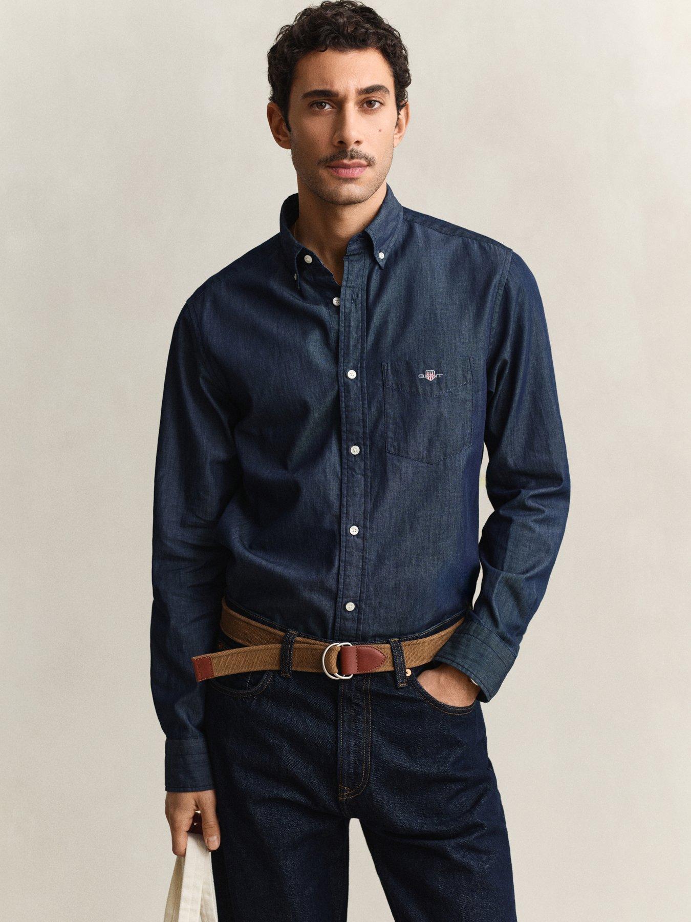 Image 1 of 4 of GANT Mens Regular Fit Long Sleeve Shirt - Dark Blue