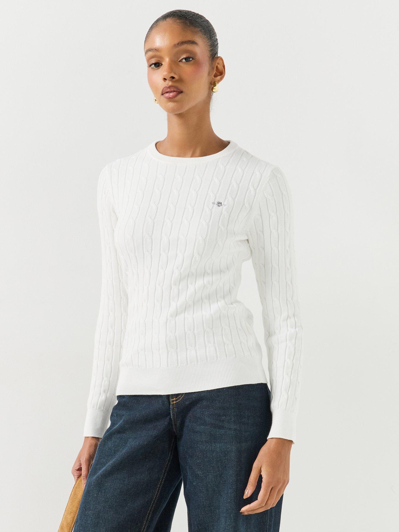 Image 1 of 6 of GANT Womens Classic Cable Knit Crew Neck Jumper - White