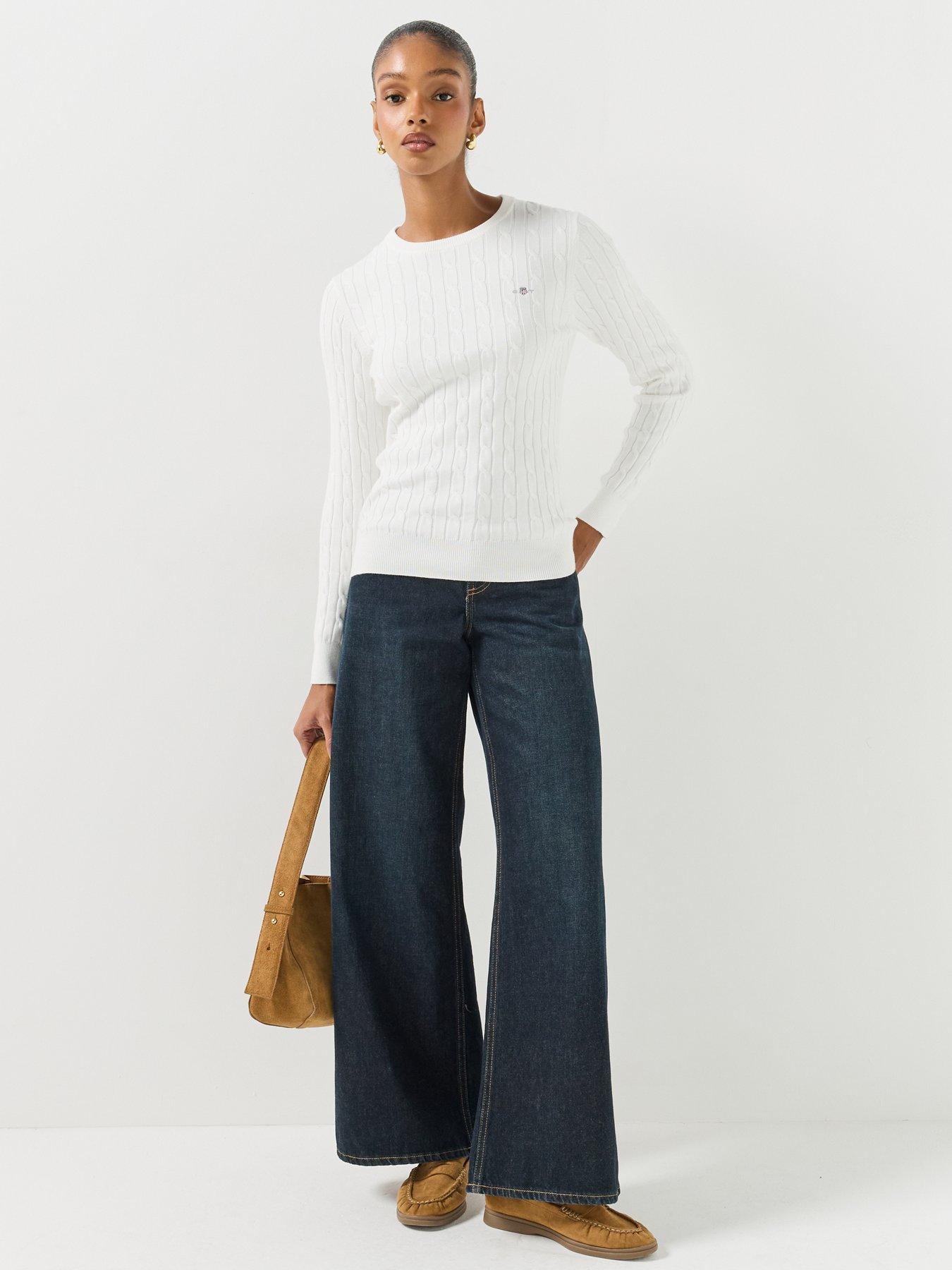 Image 3 of 6 of GANT Womens Classic Cable Knit Crew Neck Jumper - White
