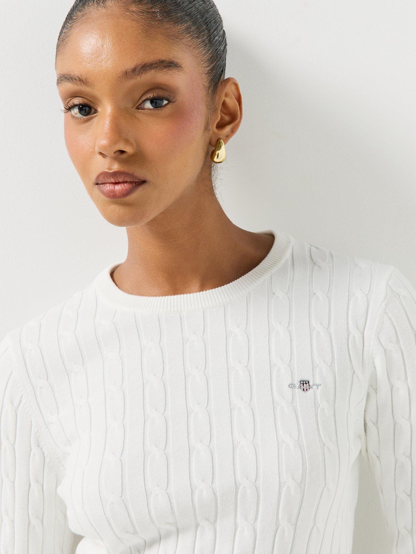 Image 4 of 6 of GANT Womens Classic Cable Knit Crew Neck Jumper - White