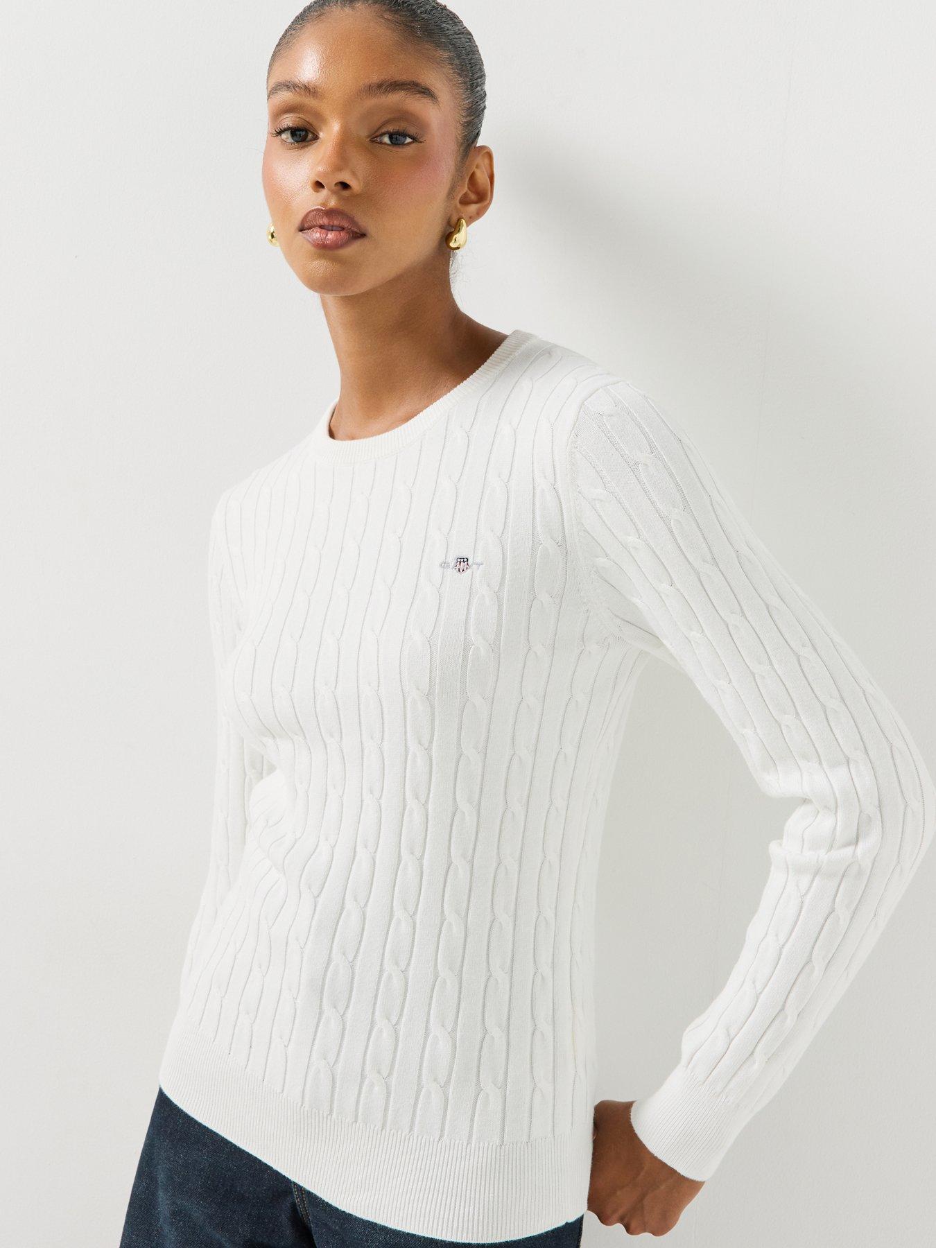 Image 5 of 6 of GANT Womens Classic Cable Knit Crew Neck Jumper - White