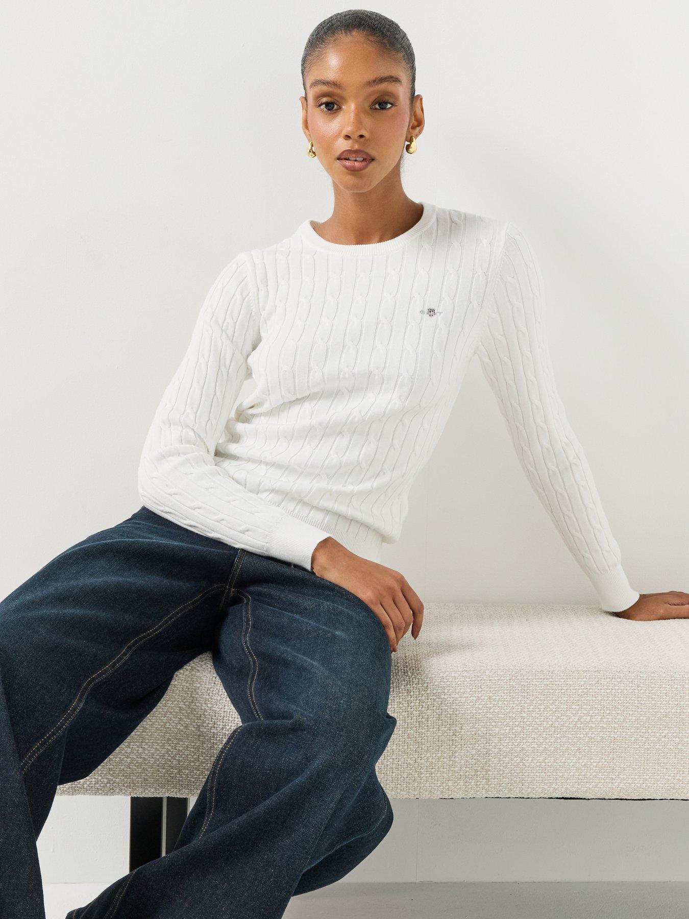 Image 6 of 6 of GANT Womens Classic Cable Knit Crew Neck Jumper - White