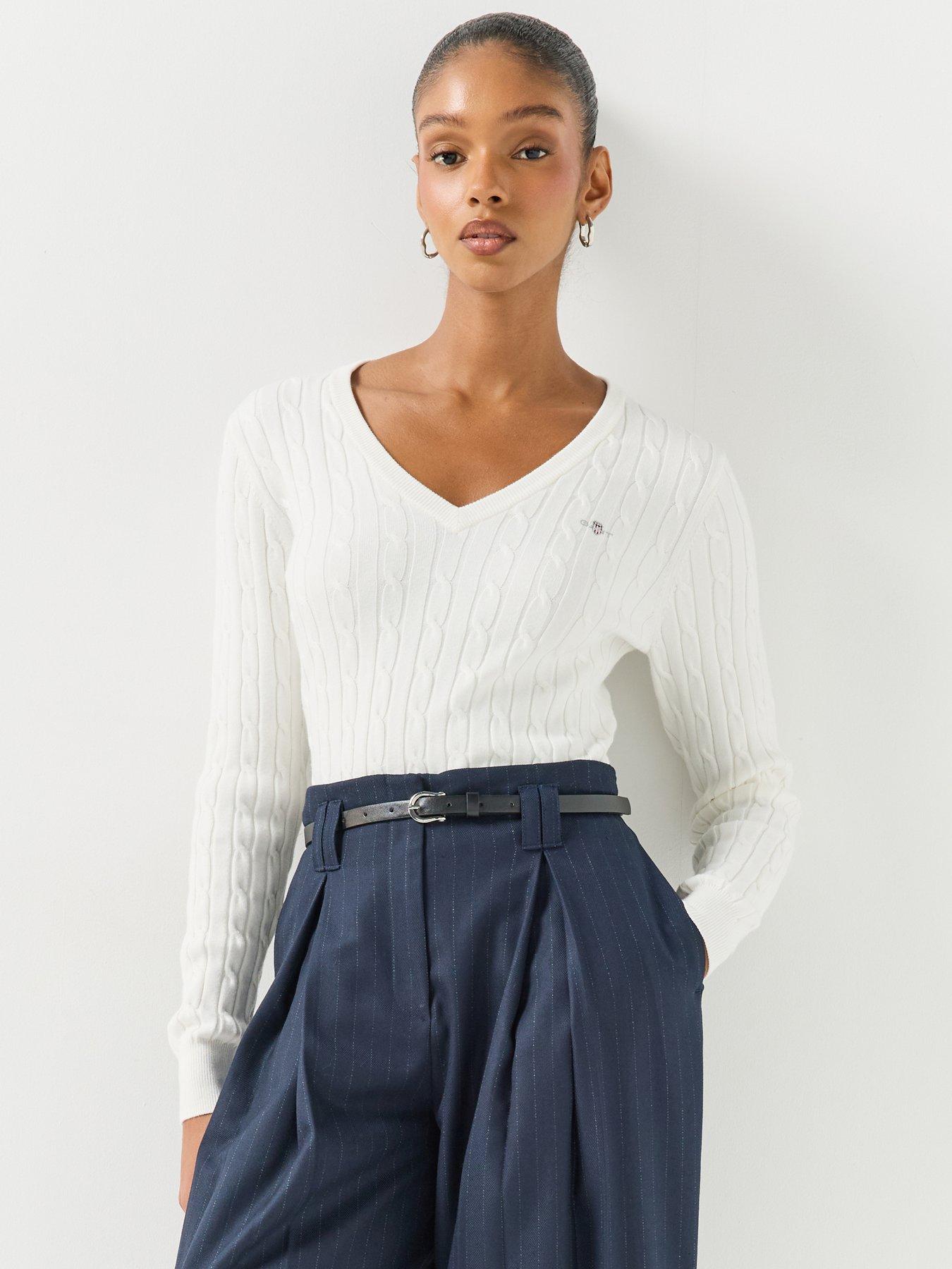 Image 1 of 5 of GANT Womens Classic Cable V-Neck Slim Fit Jumper - White