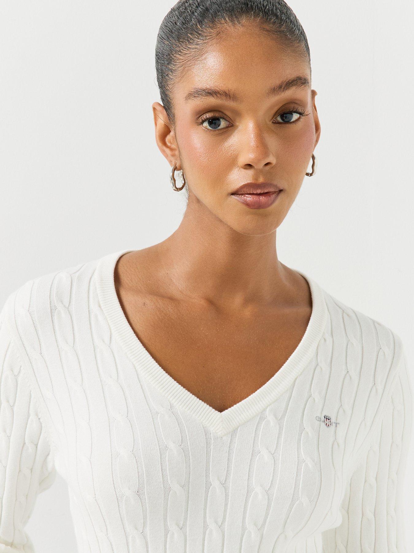 Image 4 of 5 of GANT Womens Classic Cable V-Neck Slim Fit Jumper - White