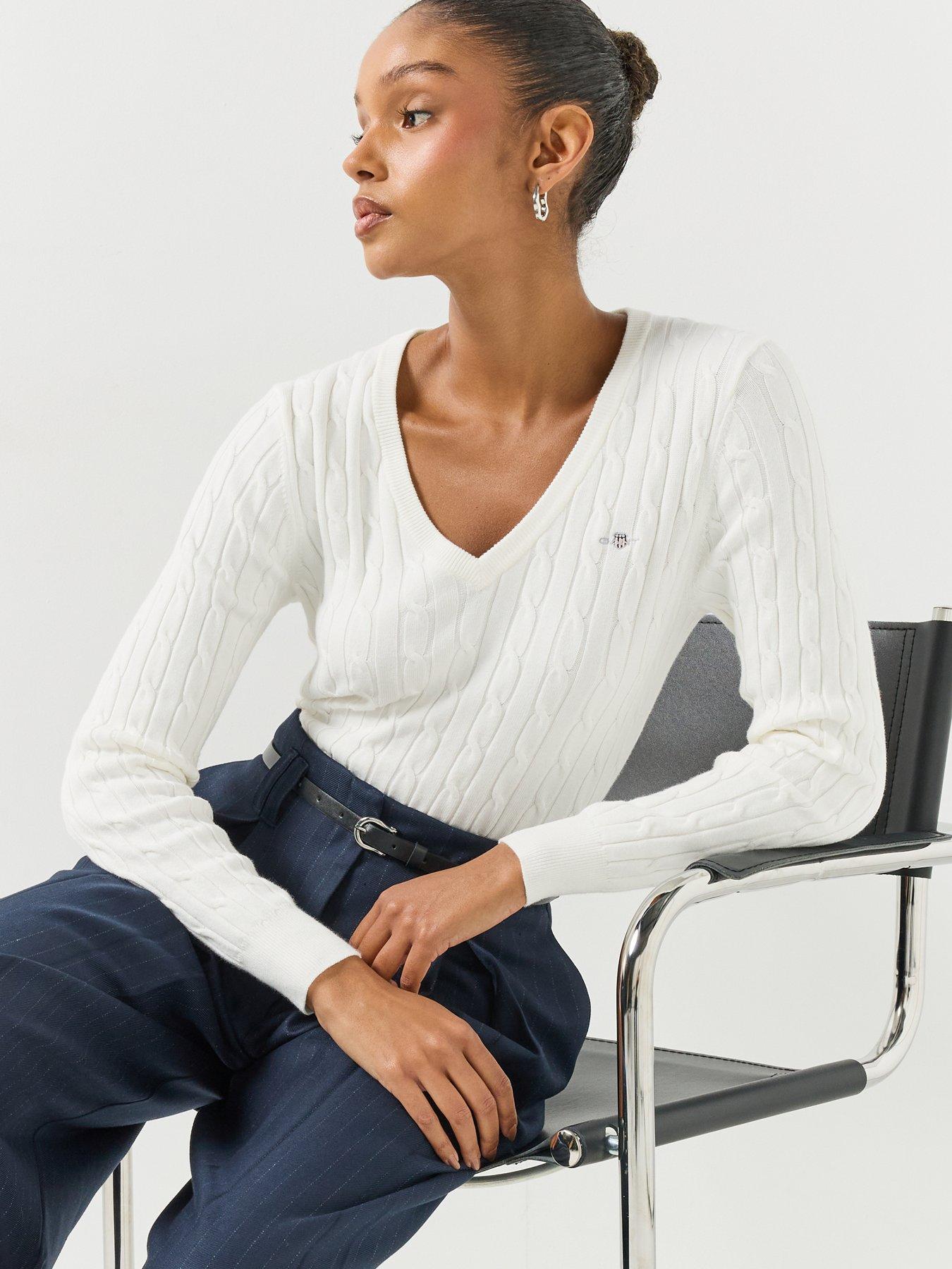 Image 5 of 5 of GANT Womens Classic Cable V-Neck Slim Fit Jumper - White