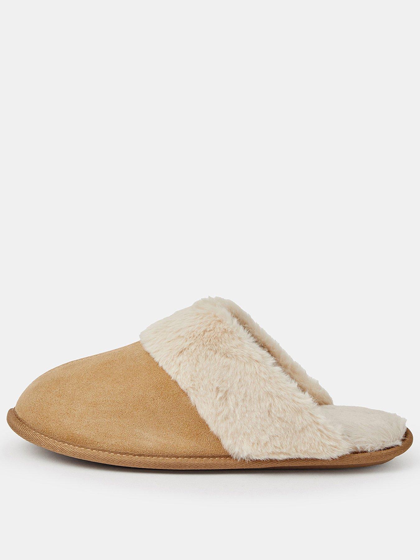 Image 1 of 3 of Accessorize Womens Suede Faux Fur Slippers - Brown