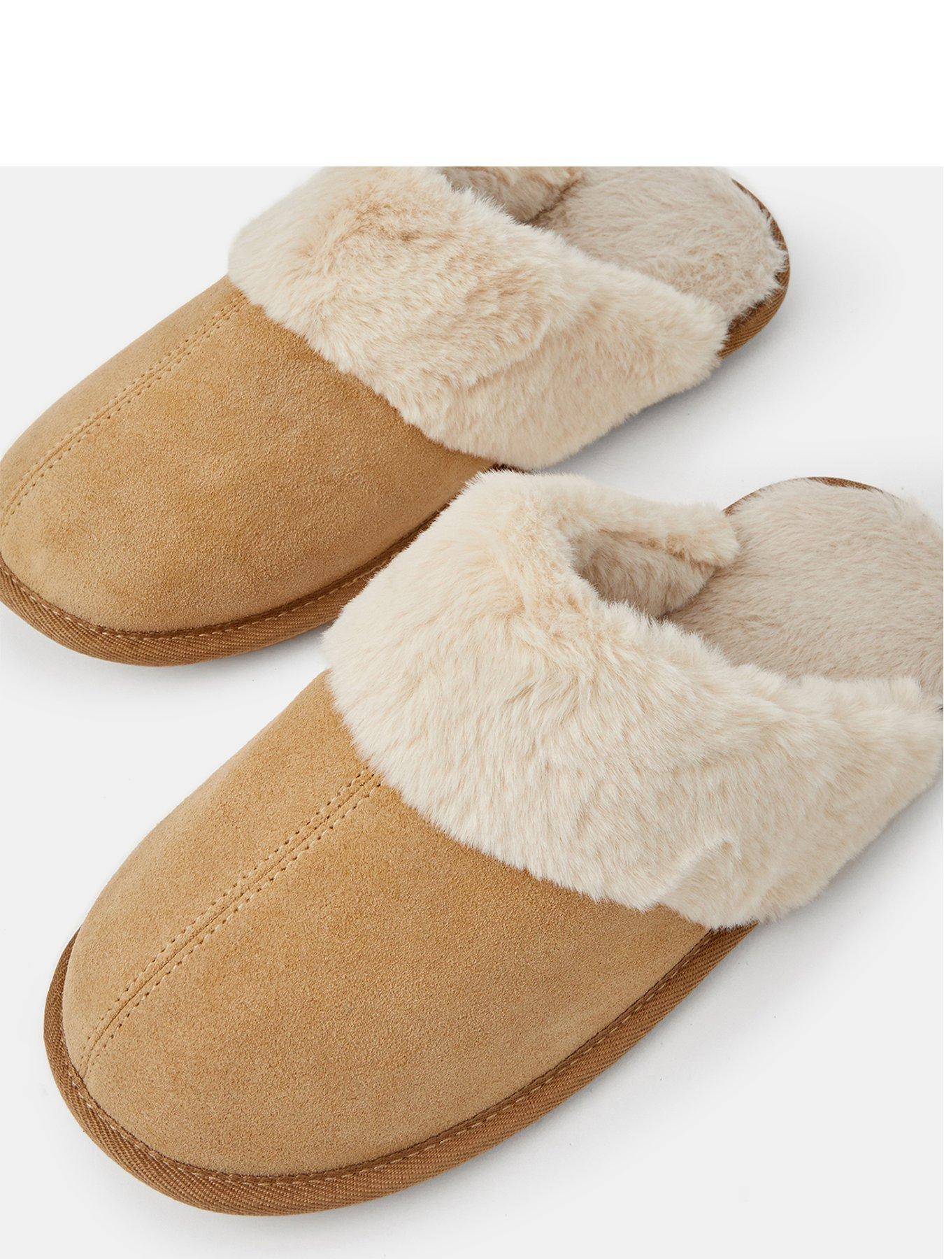 Image 3 of 3 of Accessorize Womens Suede Faux Fur Slippers - Brown