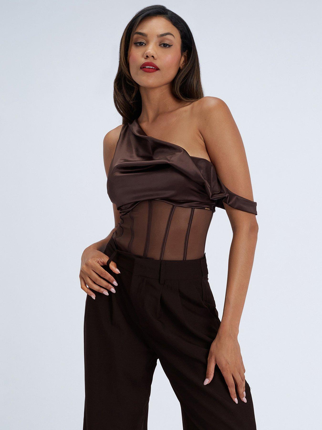 Image 3 of 5 of Boux Avenue Womens Pascale One Shoulder Satin Mesh Bodysuit - Brown