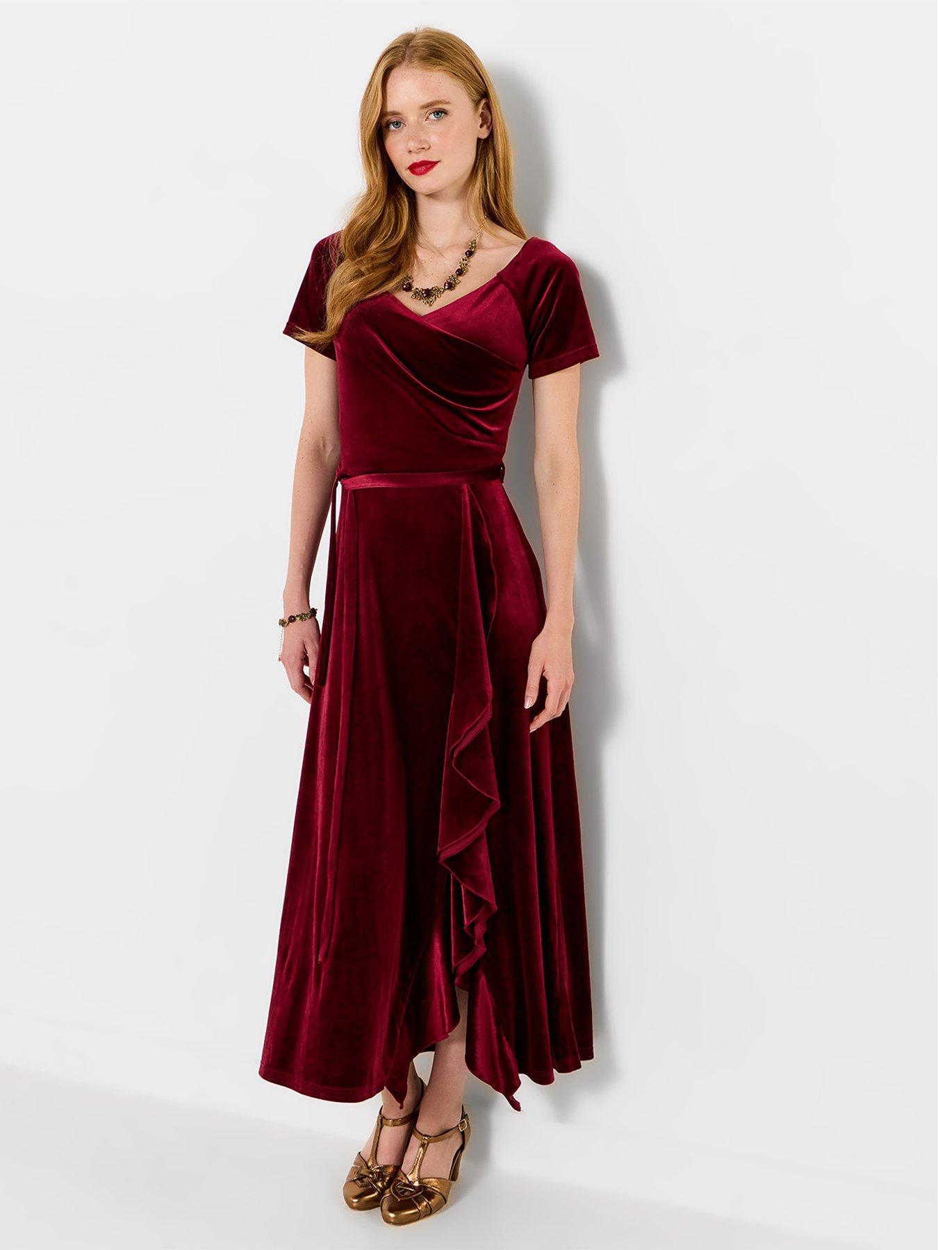 Image 2 of 7 of Joe Browns Womens Perfect Party Ruffle Velour Tie Waist Dress - Red