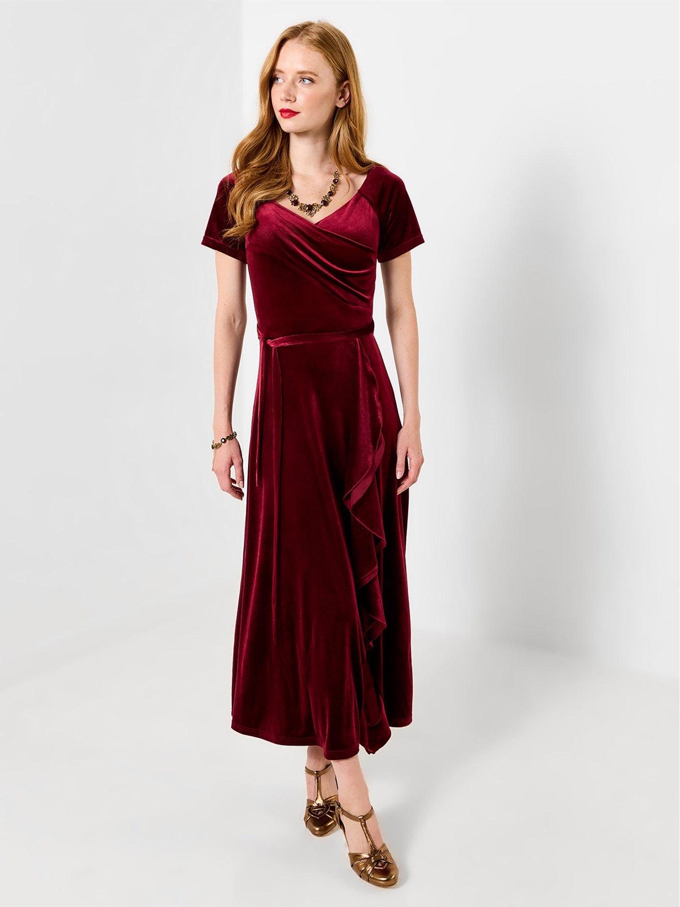 Image 4 of 7 of Joe Browns Womens Perfect Party Ruffle Velour Tie Waist Dress - Red