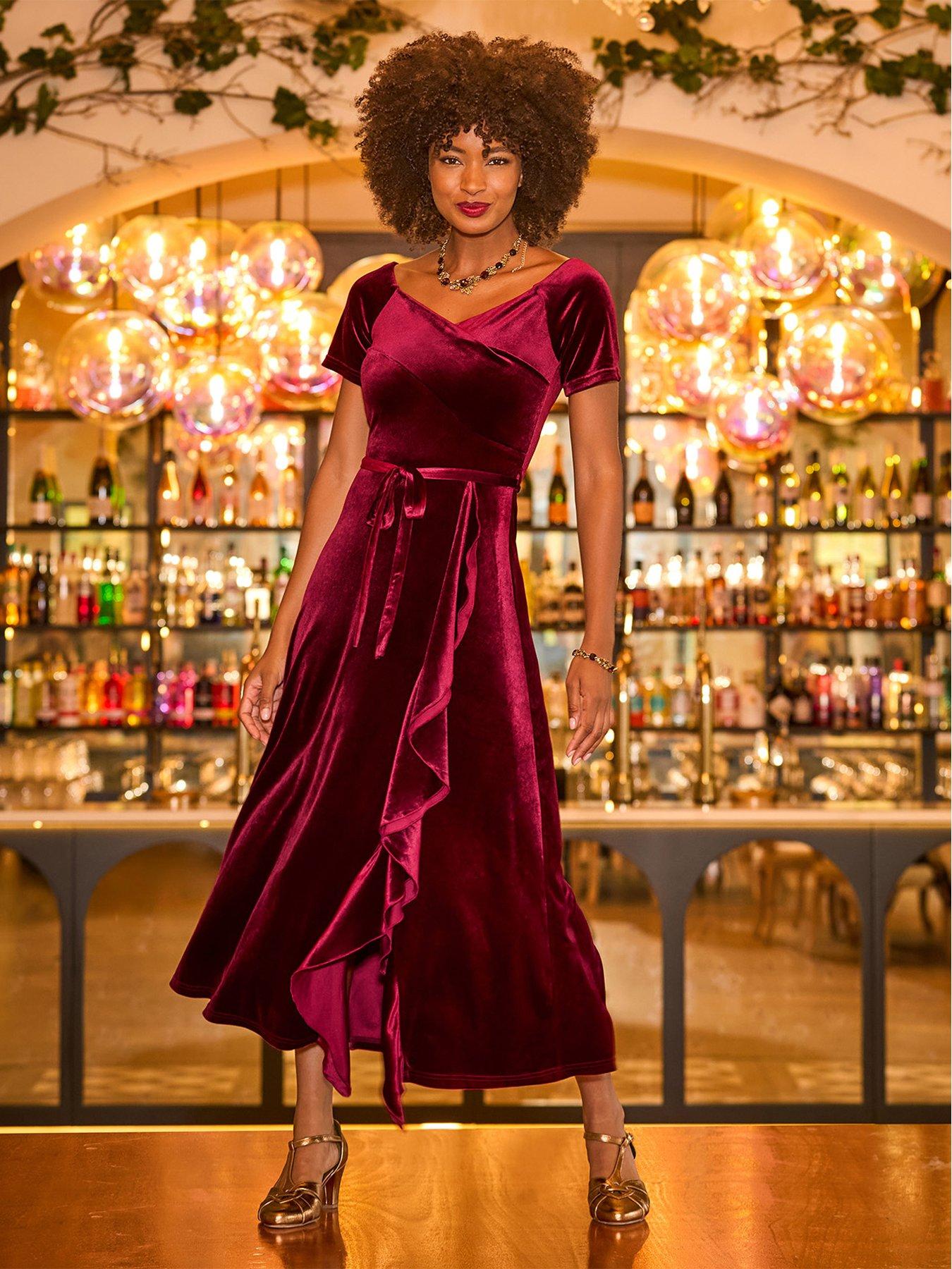 Image 6 of 7 of Joe Browns Womens Perfect Party Ruffle Velour Tie Waist Dress - Red