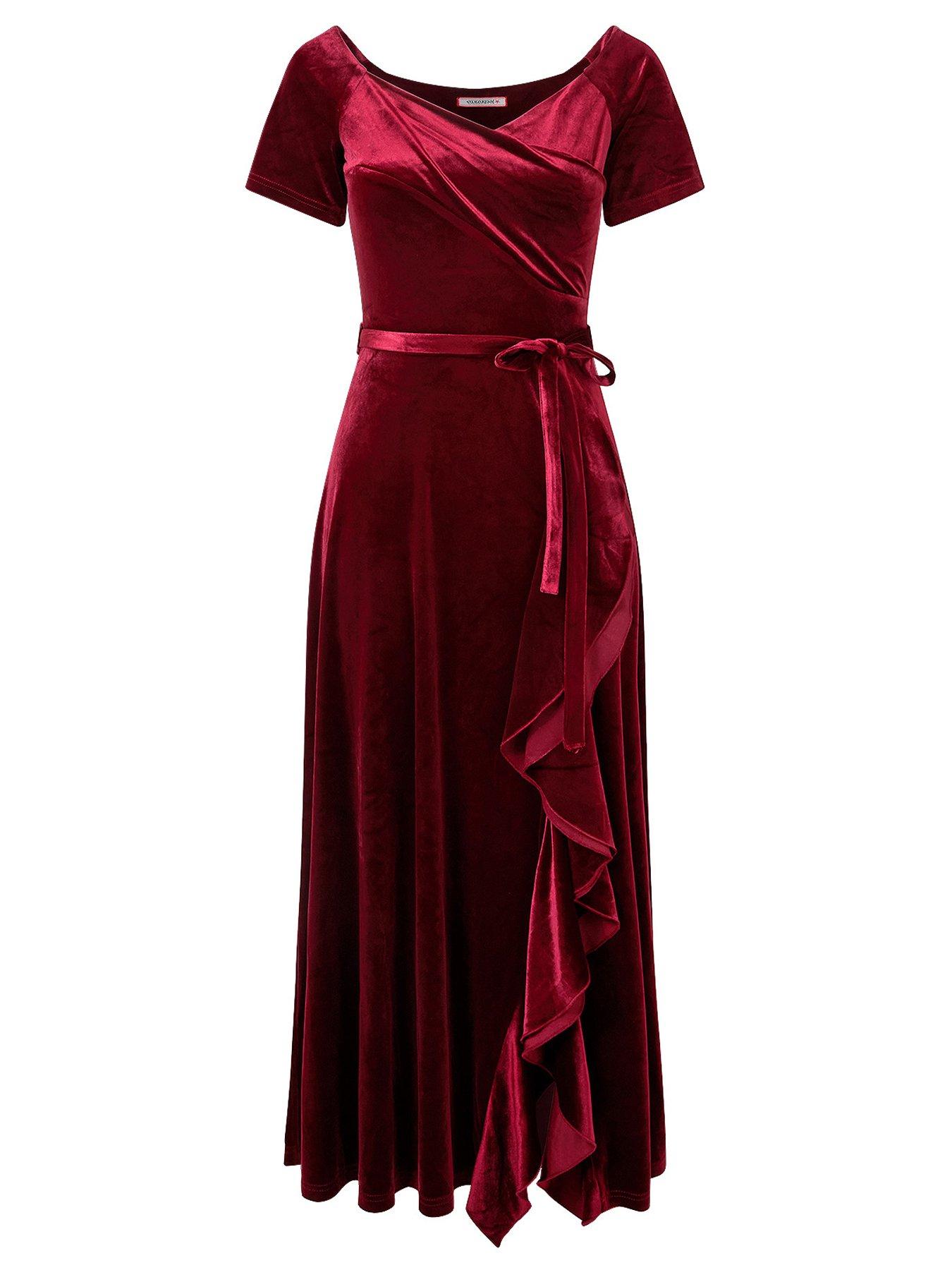 Image 7 of 7 of Joe Browns Womens Perfect Party Ruffle Velour Tie Waist Dress - Red