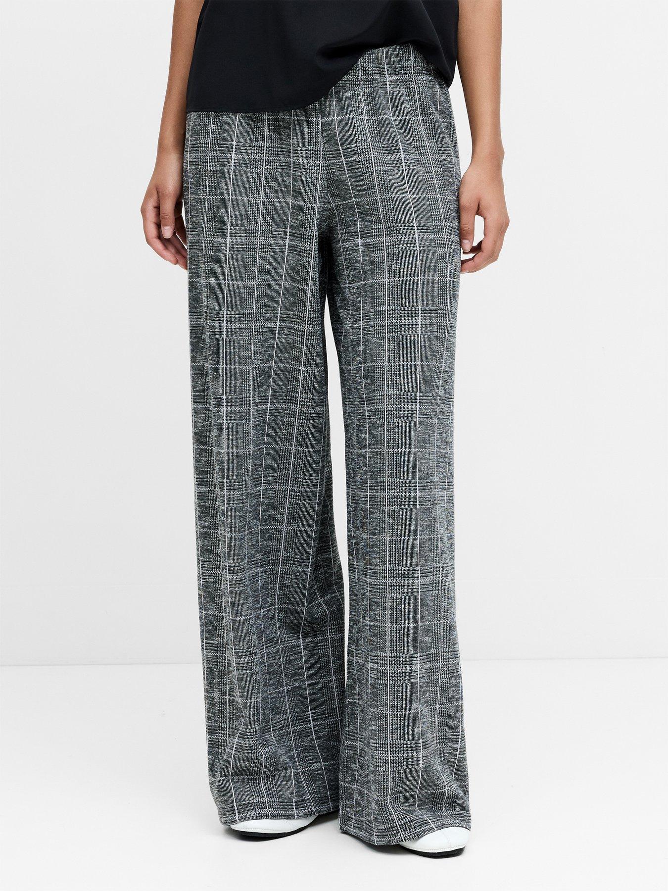 Image 1 of 5 of French Connection Womens Elasticated High Waist Checked Wide Leg Trousers - Grey