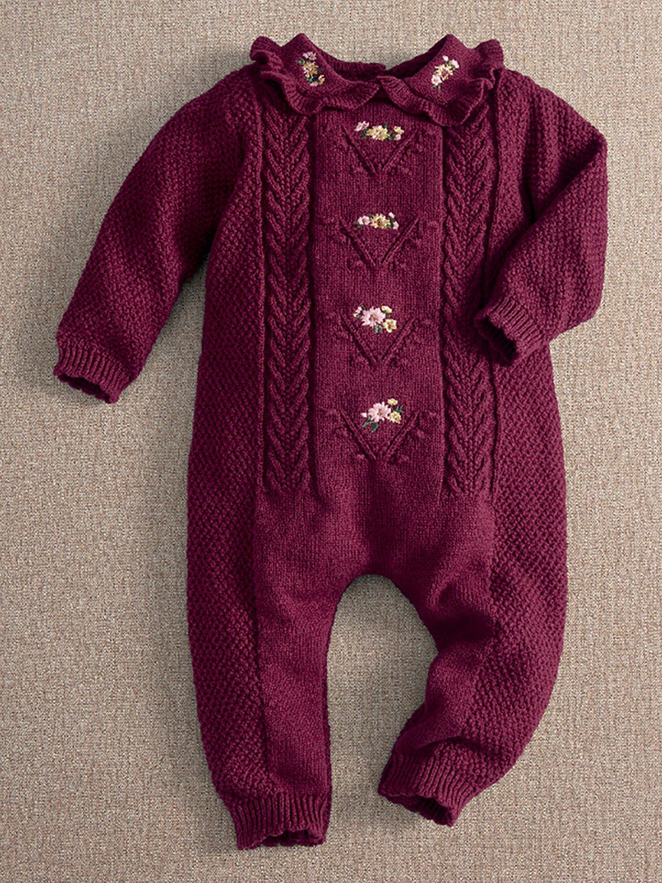 Image 1 of 5 of Mamas & Papas Girls Floral Embroidered Cable Knit Romper - Dark Red