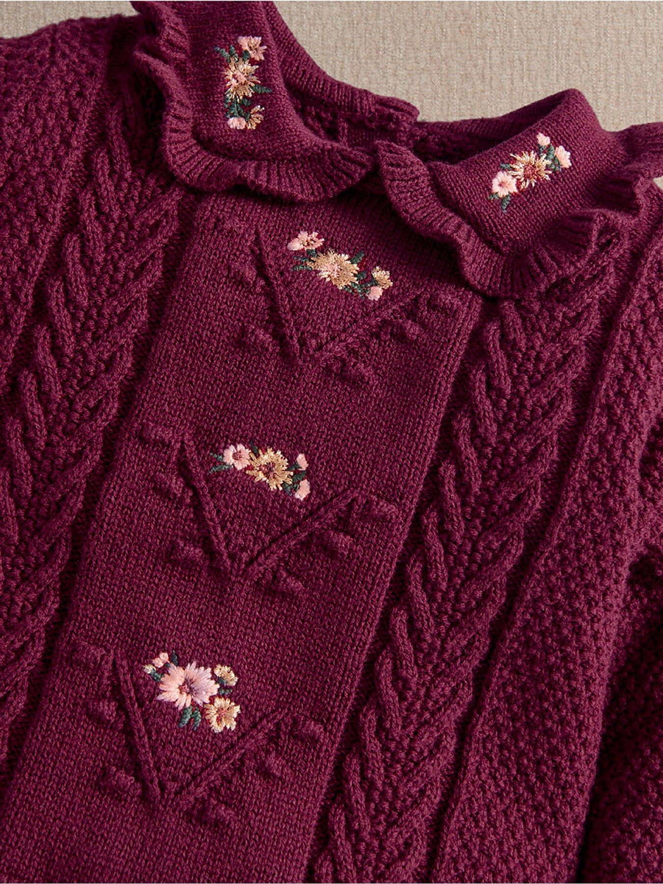 Image 4 of 5 of Mamas & Papas Girls Floral Embroidered Cable Knit Romper - Dark Red