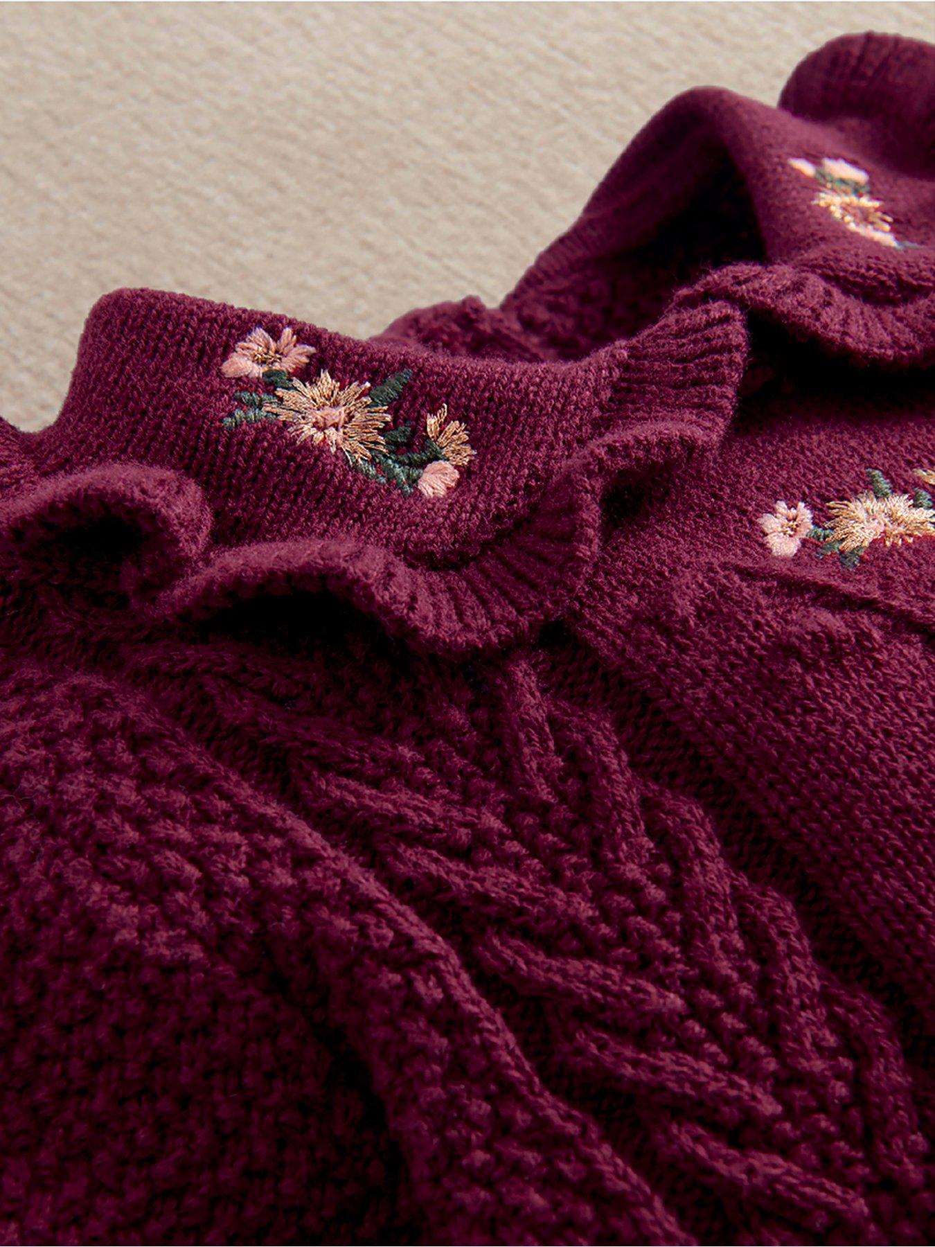 Image 5 of 5 of Mamas & Papas Girls Floral Embroidered Cable Knit Romper - Dark Red