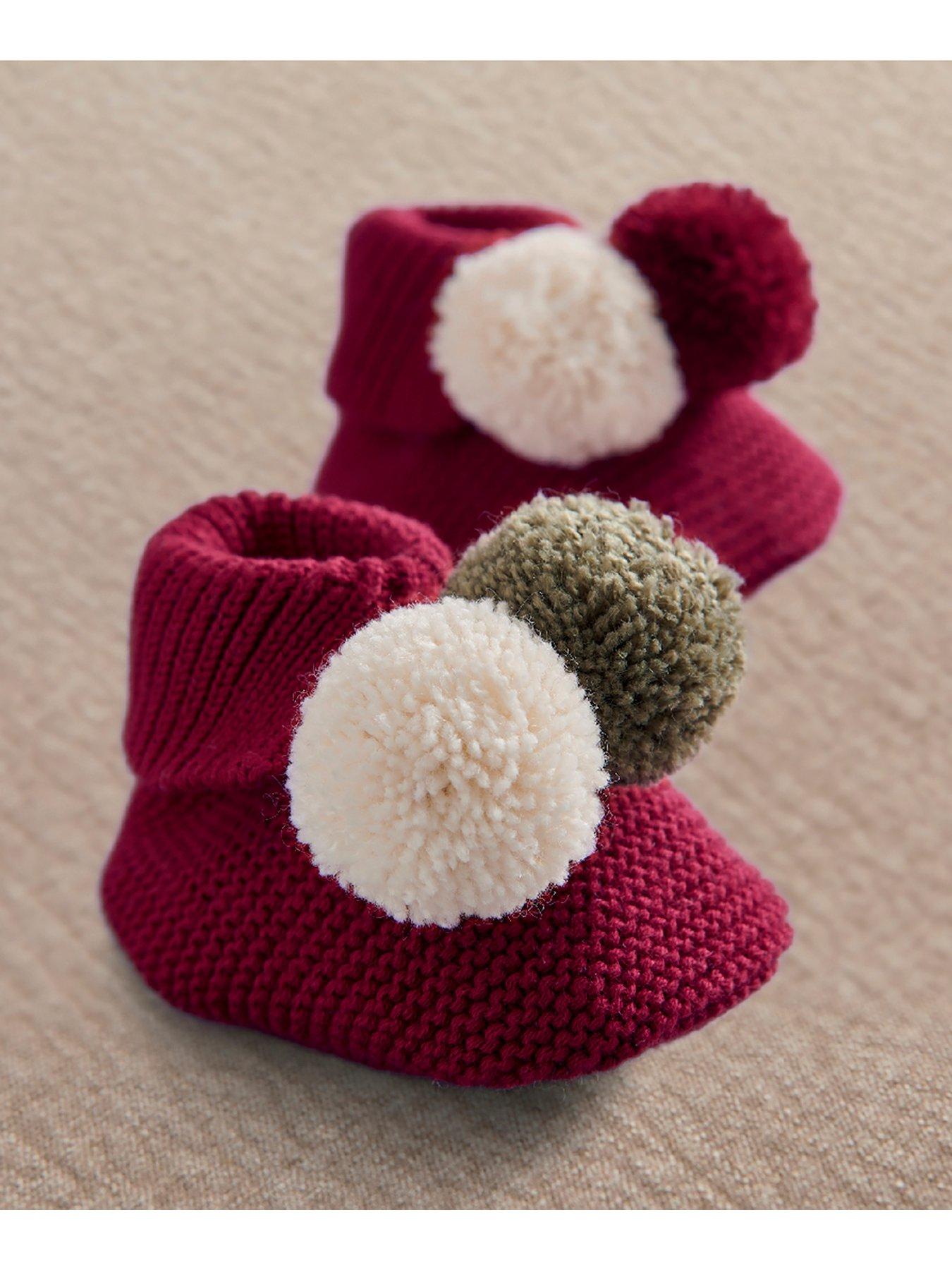 Image 2 of 2 of Mamas & Papas Unisex Cable Knit Pom Pom Booties - Red