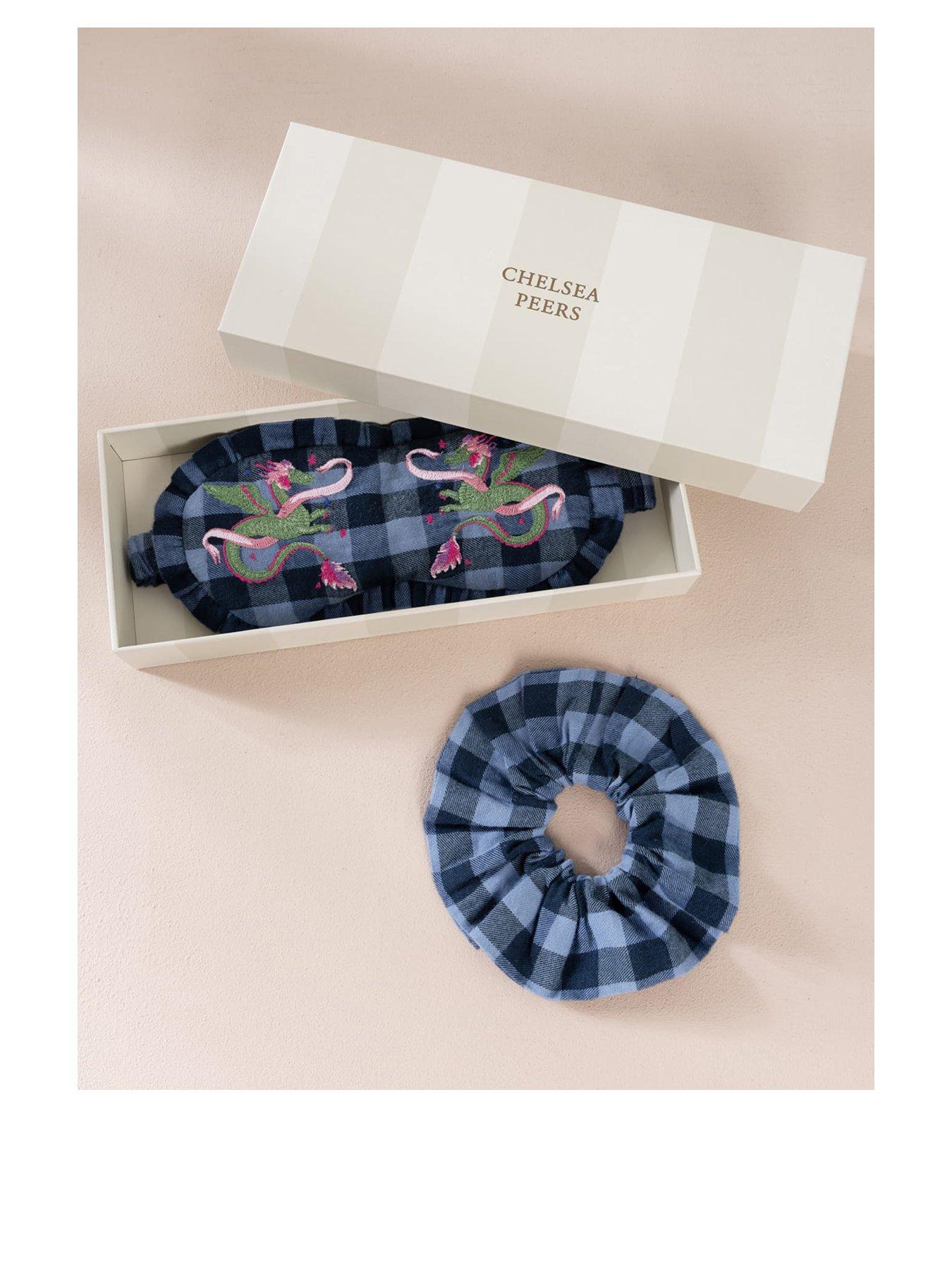 Image 1 of 5 of CHELSEA PEERS Chelsea Peers Organic Cotton Gingham Mythical Dragon Print Sleep Mask & Scrunchie Gift Set - Navy