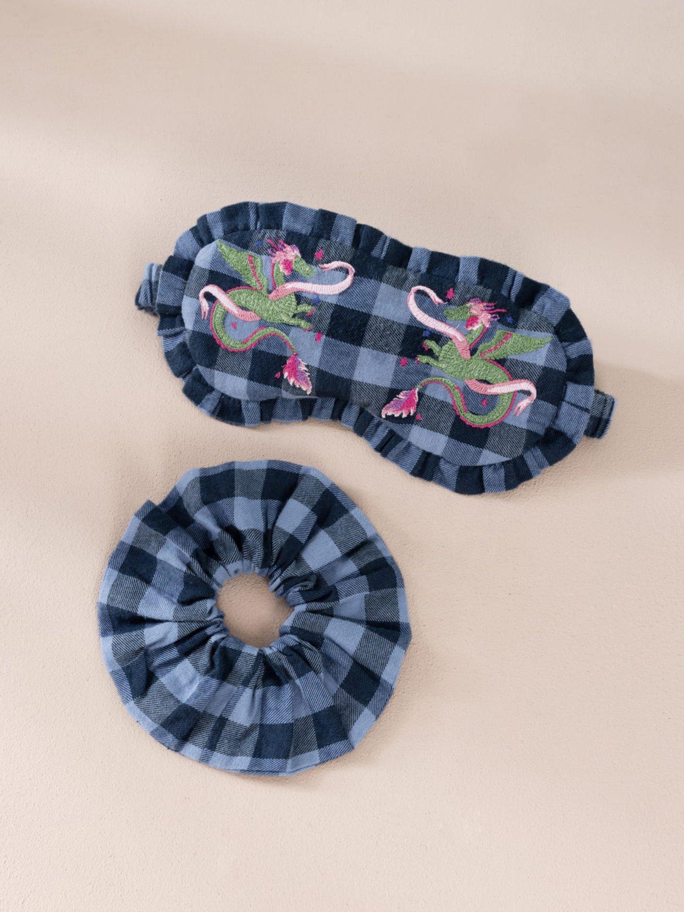Image 3 of 5 of CHELSEA PEERS Chelsea Peers Organic Cotton Gingham Mythical Dragon Print Sleep Mask & Scrunchie Gift Set - Navy