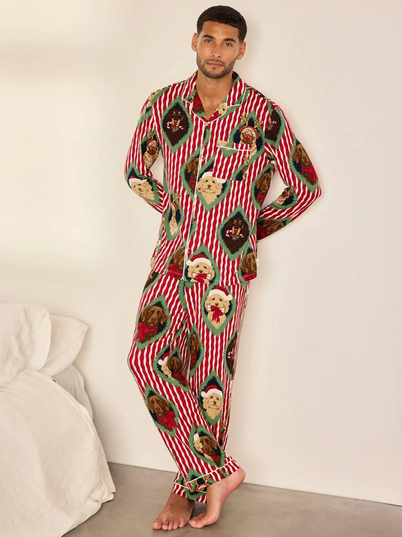 Image 1 of 7 of CHELSEA PEERS Men's Christmas Chip &amp; Friends Stripe Print Long Pyjama Set - Red