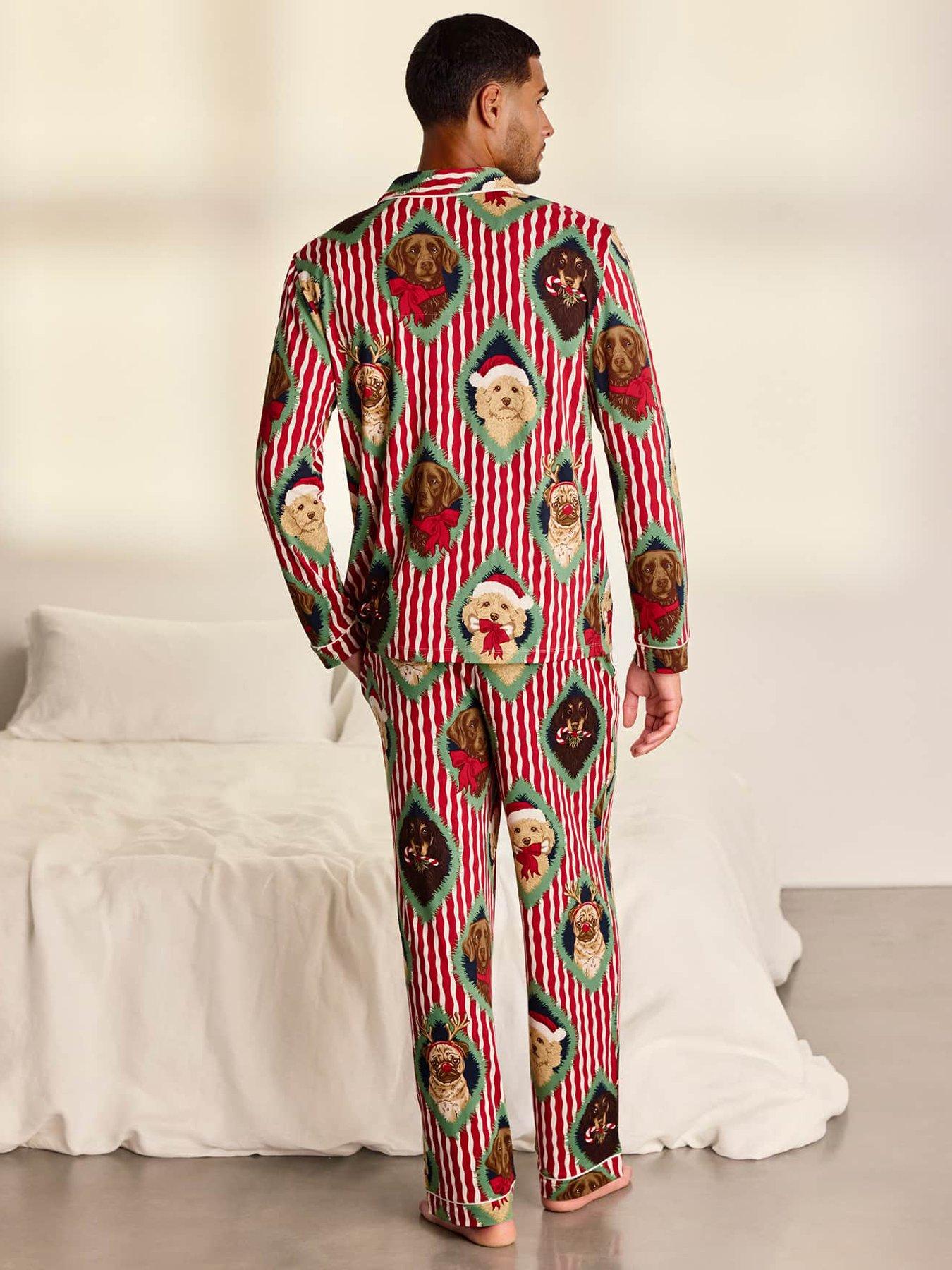 Image 2 of 7 of CHELSEA PEERS Men's Christmas Chip &amp; Friends Stripe Print Long Pyjama Set - Red