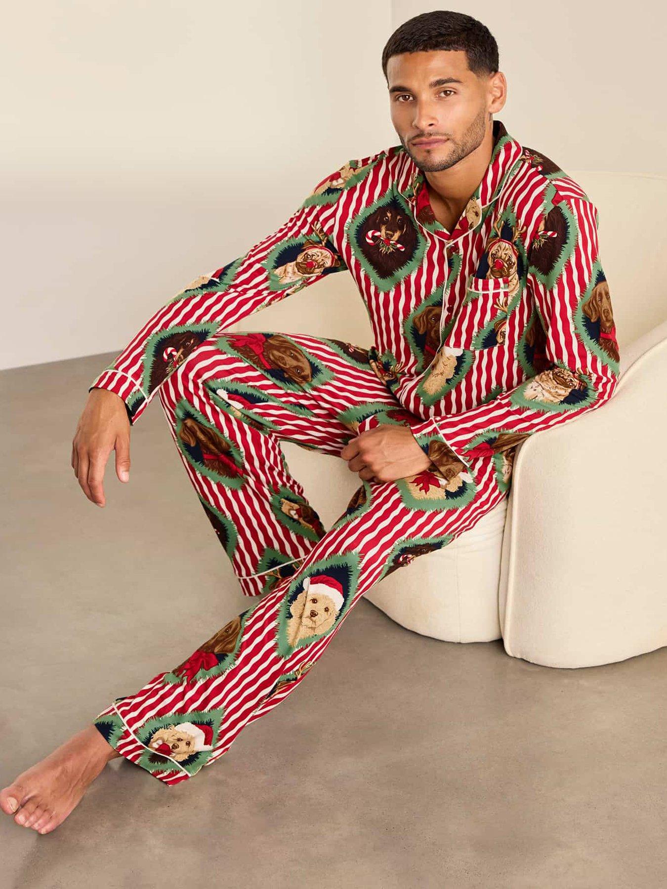 Image 3 of 7 of CHELSEA PEERS Men's Christmas Chip &amp; Friends Stripe Print Long Pyjama Set - Red