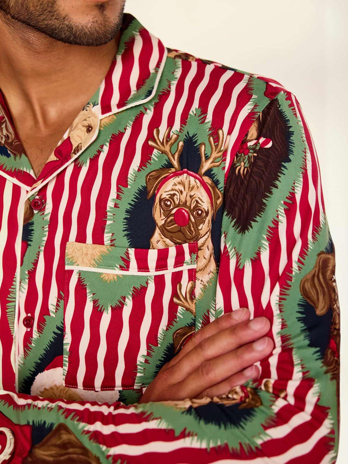 Image 4 of 7 of CHELSEA PEERS Men's Christmas Chip &amp; Friends Stripe Print Long Pyjama Set - Red
